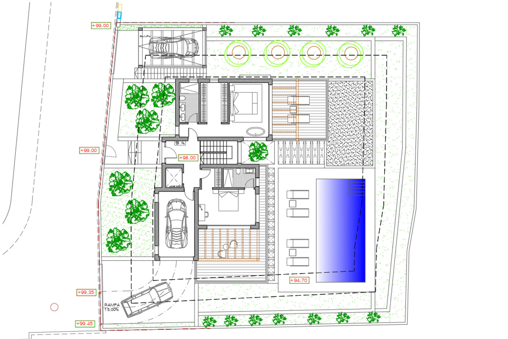 Architectural plan of a villa featuring a pool, gardens, garage, and terraces.