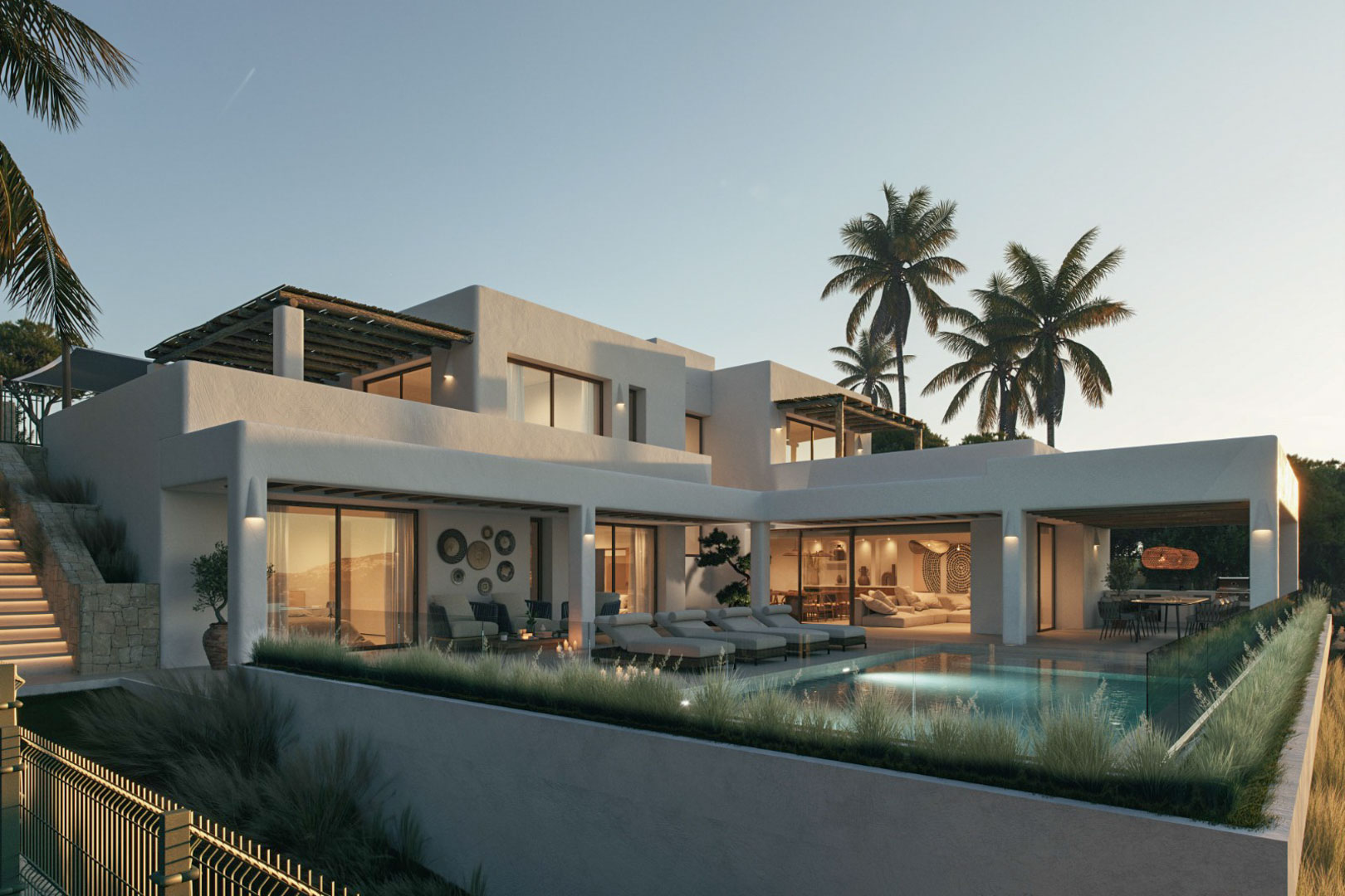 Exterior view of villa featuring pool, terraces, and modern architectural design under a twilight sky.