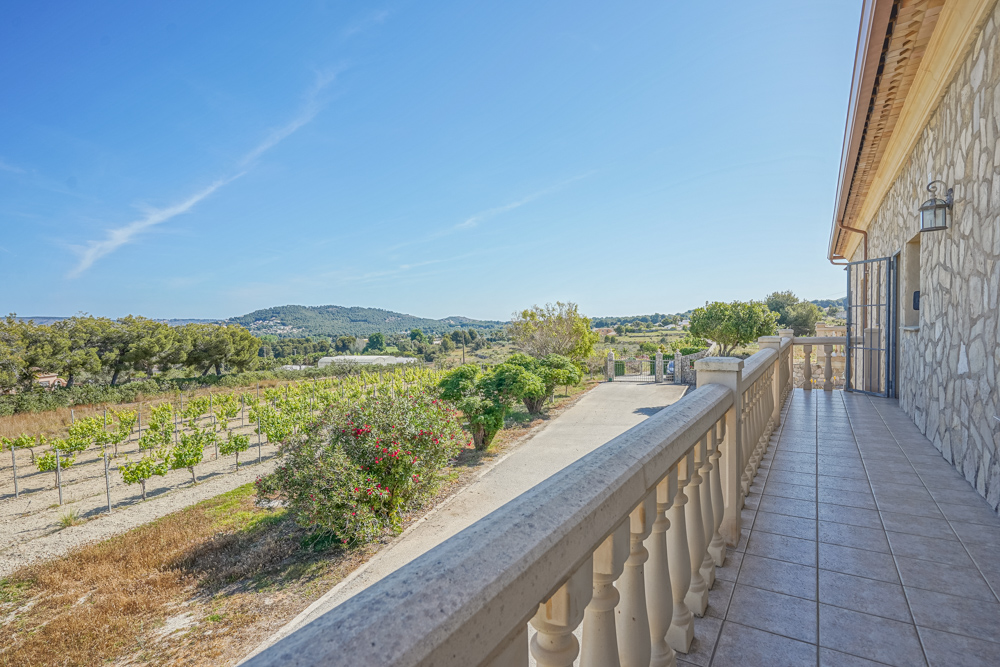 Elevated stone terrace with a classic balustrade overlooking private vineyards and rolling hills. The facade features natural stone masonry and tiled flooring.