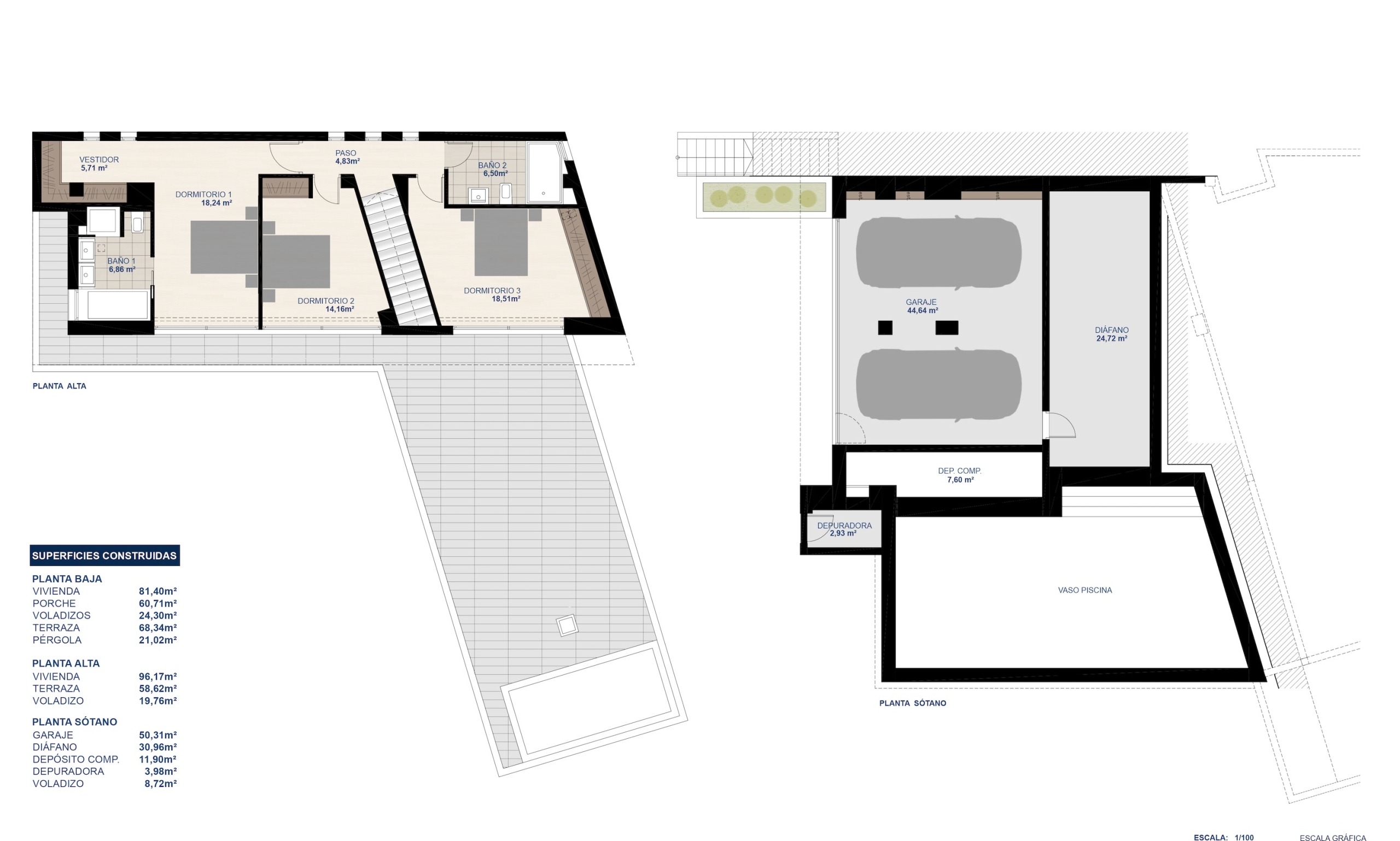 Detailed architectural floor plans of the upper floor and basement, illustrating the layout of three bedrooms, a double garage, and technical spaces.