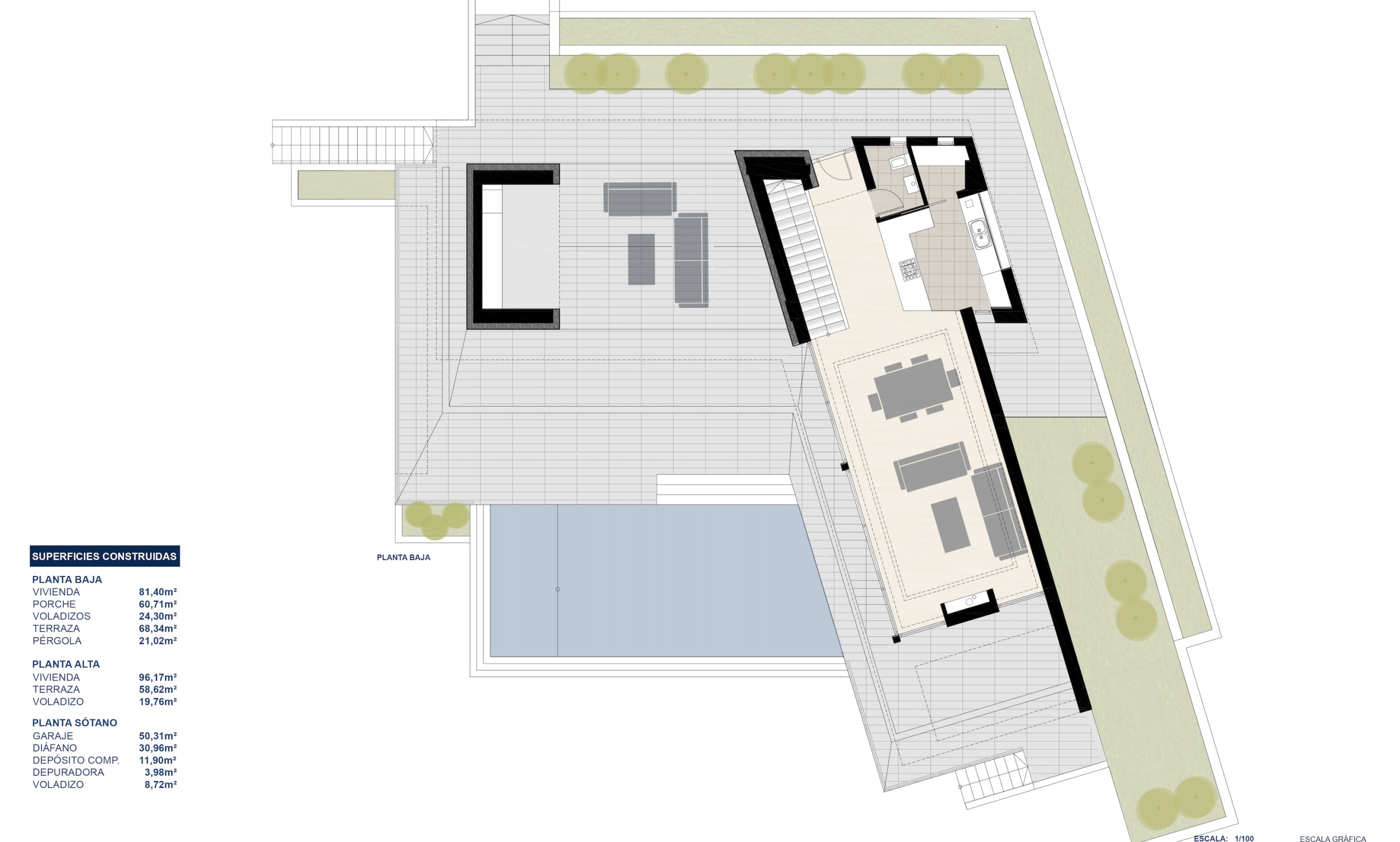 Detailed floor plan of the ground floor illustrating the open-plan living area, kitchen, expansive terrace with swimming pool, and landscaped garden zones.