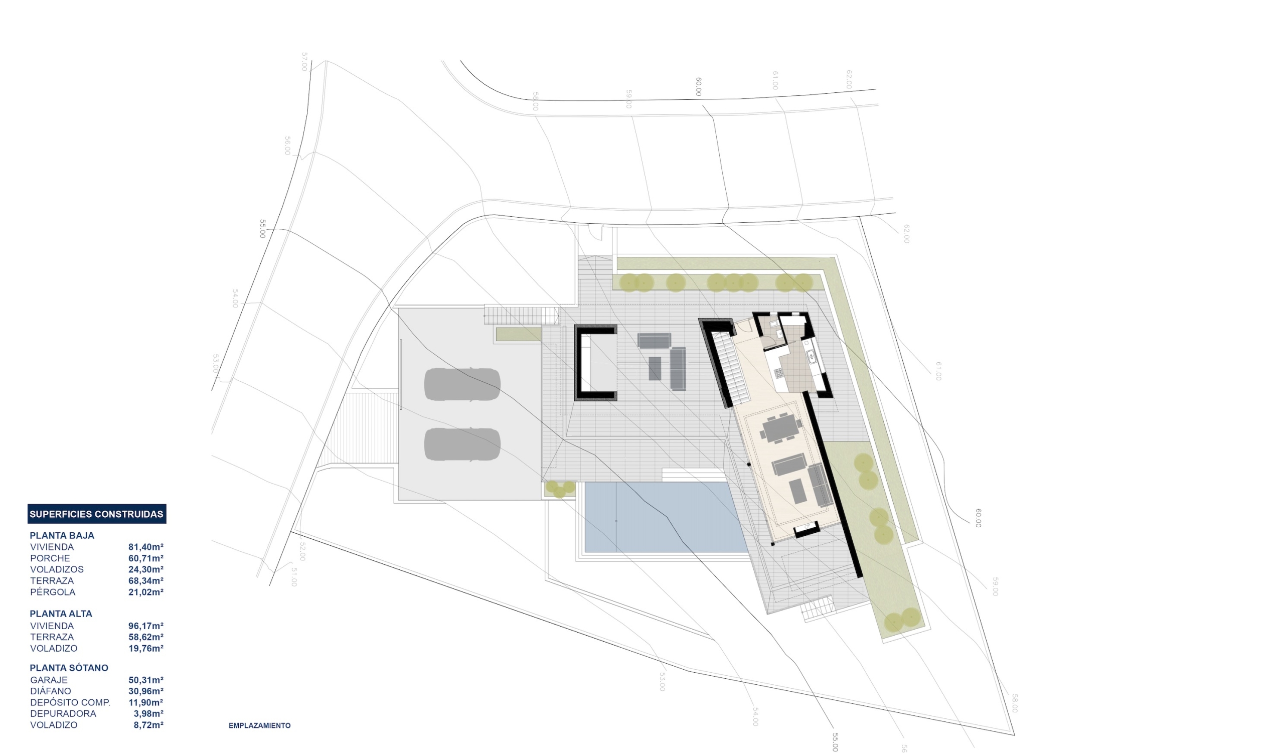 Site plan showing the ground floor layout, infinity pool, double garage, and a detailed table of built surfaces for all three levels of the villa.