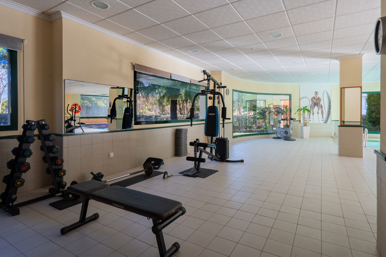 Fully equipped resident gym featuring weight machines, free weights, and cardio equipment, illuminated by natural light through large windows overlooking the grounds.