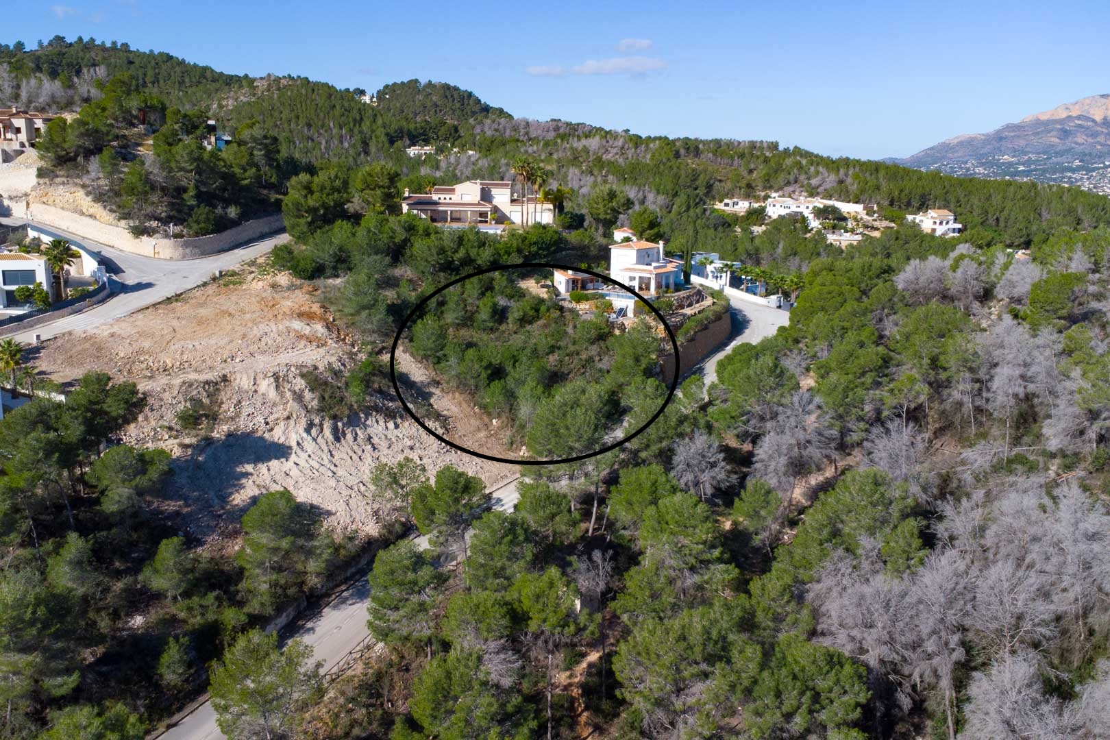 Aerial view of a sloped building plot in Tosalet 5, featuring mature pine trees and proximity to existing luxury villas and paved infrastructure.