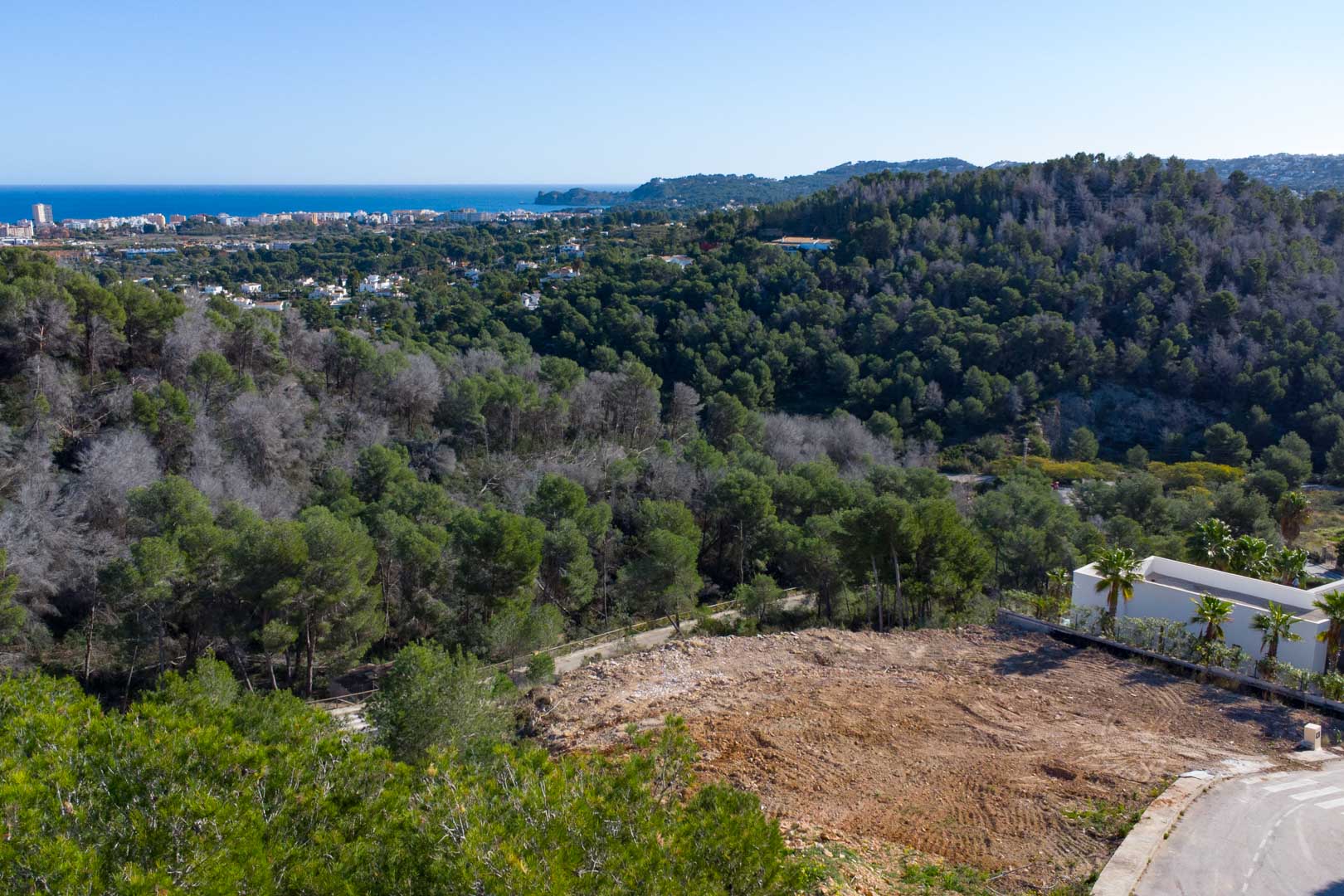 Elevated building plot in Tosalet 5 featuring panoramic views of the Mediterranean Sea and Jávea coastline, bordered by a lush pine forest.