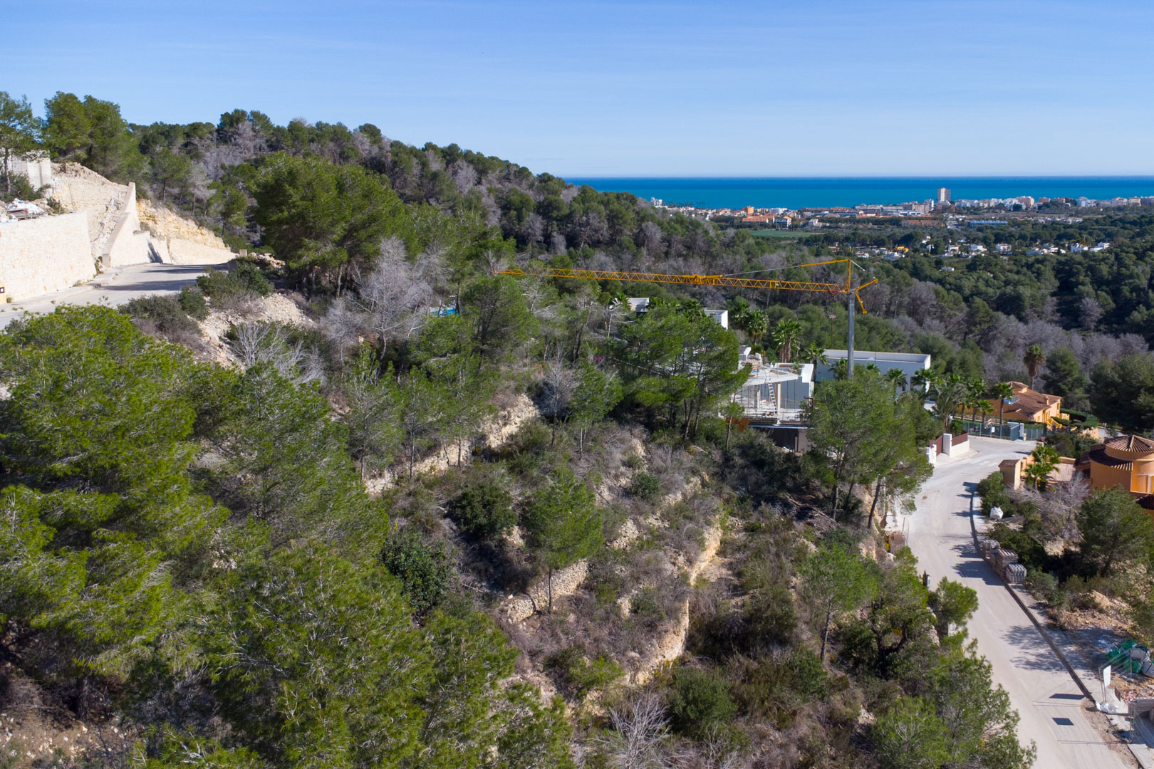 Elevated view of a sloping plot featuring Mediterranean pines, stone retaining walls, and panoramic views of the sea and Jávea's coastline.