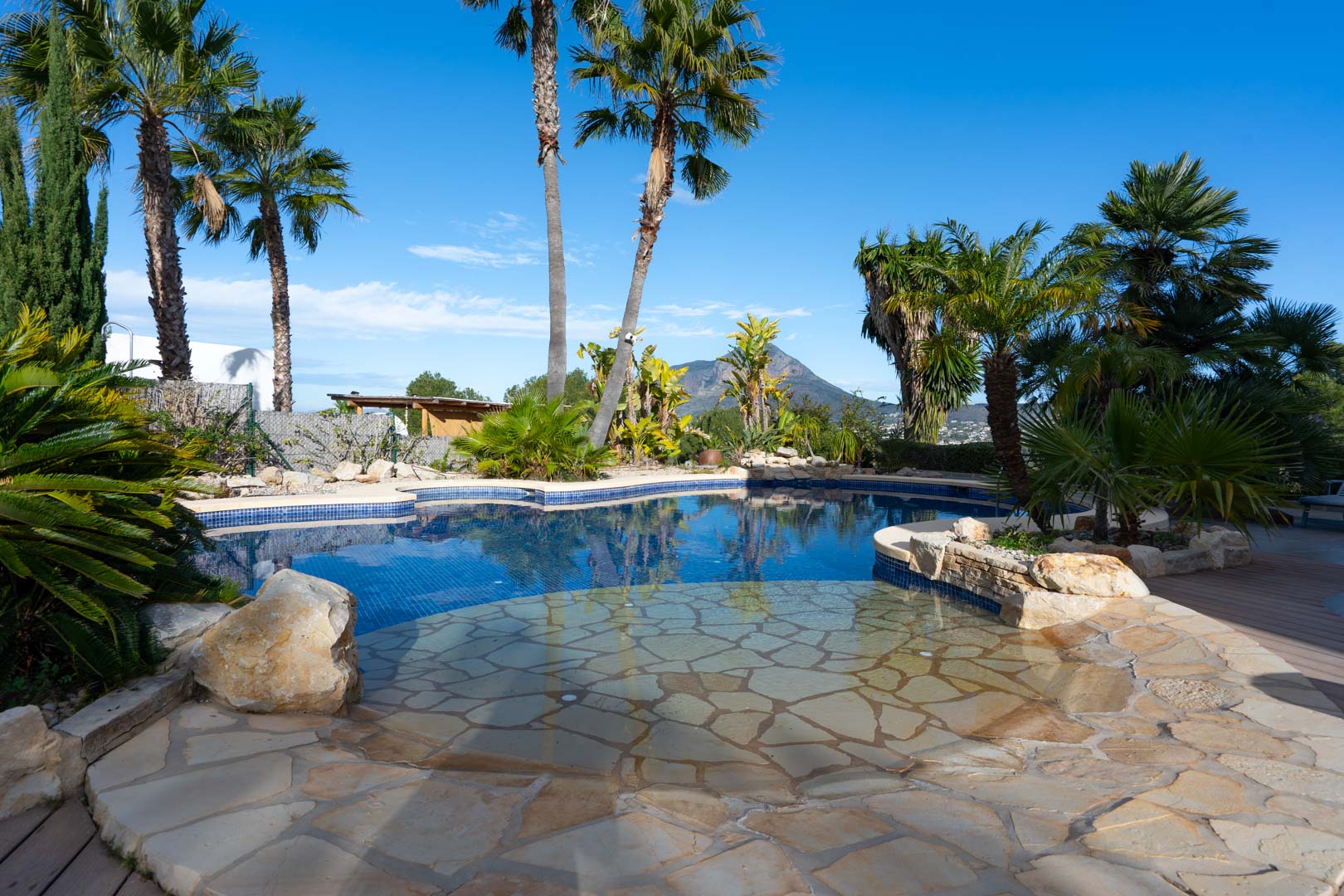 Organic-shaped pool featuring a natural stone beach entrance, surrounded by tropical landscaping and palm trees with views of the Montgó mountain.