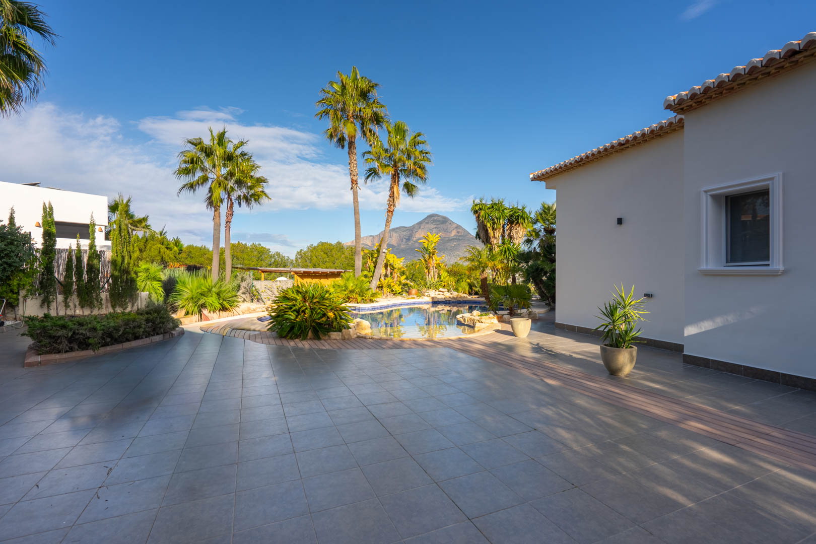 Spacious exterior terrace with grey tiling, featuring an organic-shaped pool framed by palm trees and a direct view of the Montgó mountain.