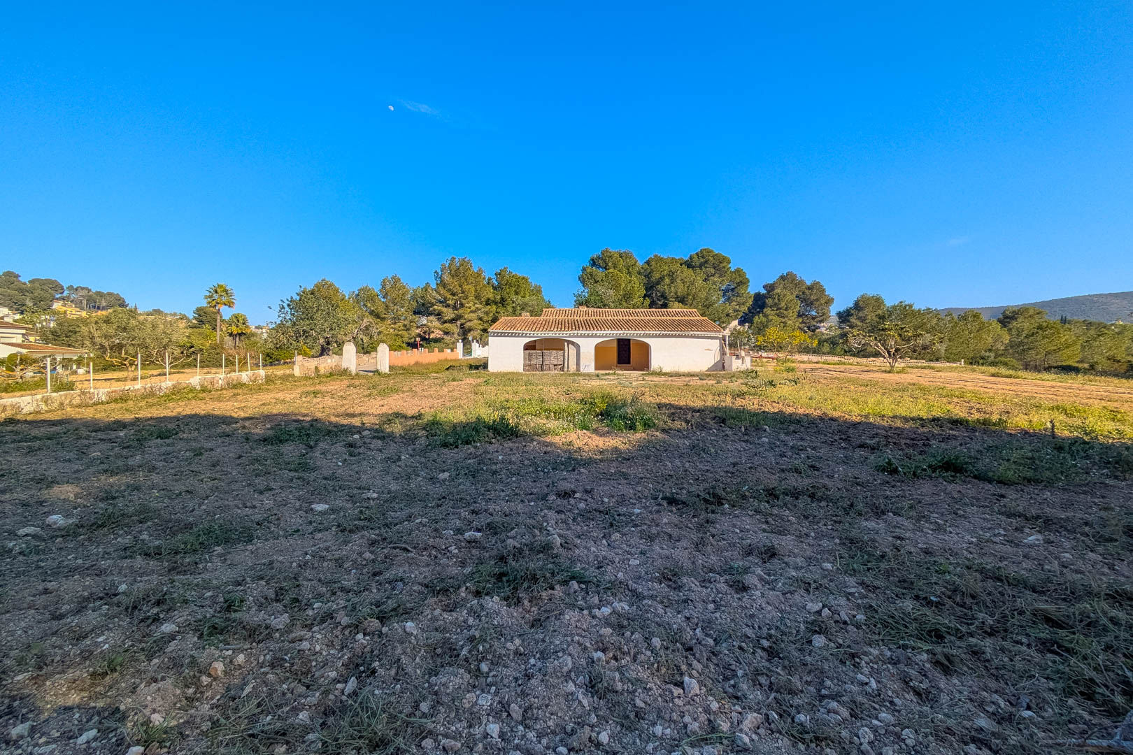 Exterior view of the traditional finca featuring an arched porch and terracotta roof, set on a vast flat rustic plot surrounded by pine trees.
