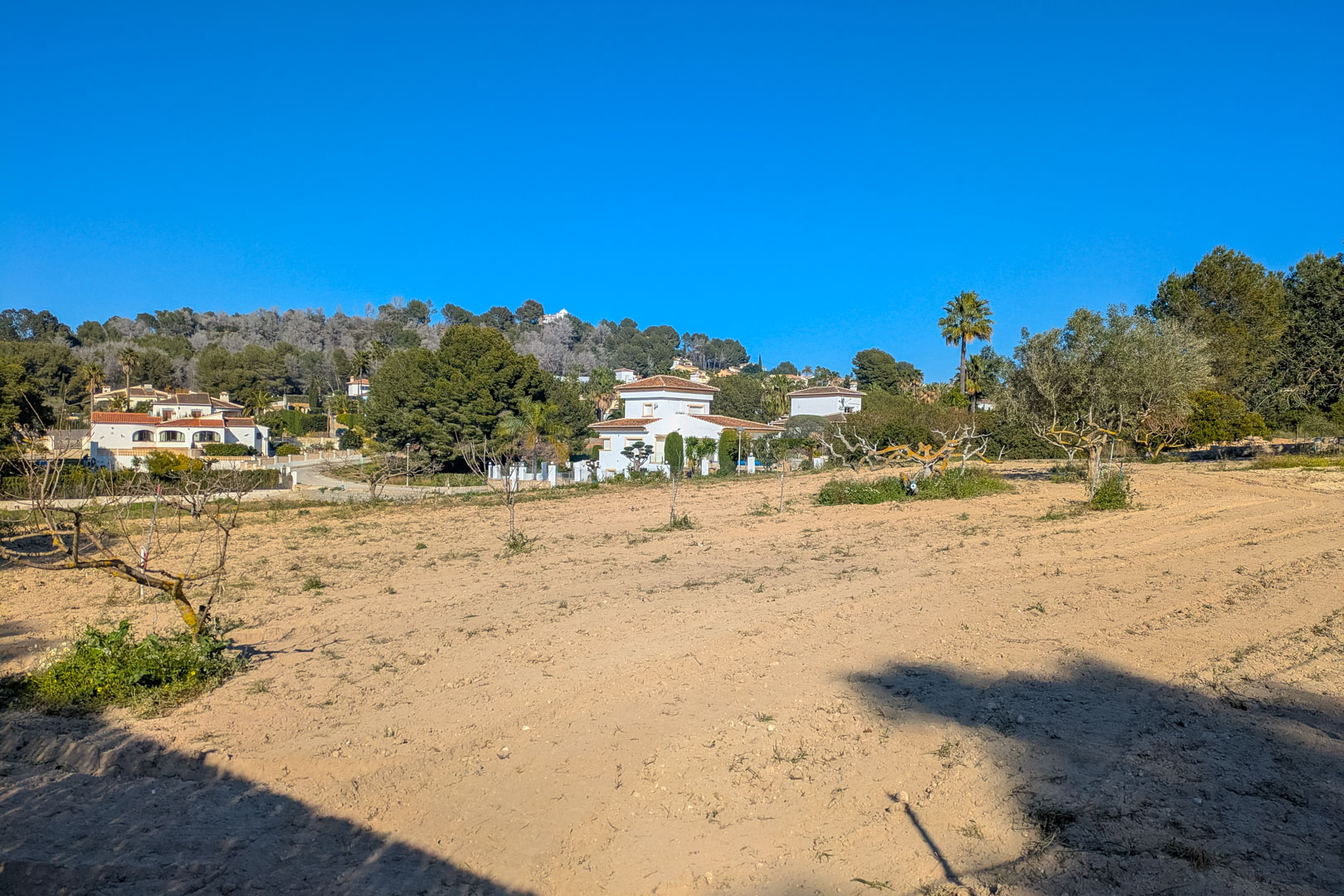 Panoramic view of the expansive flat rustic plot, surrounded by Mediterranean greenery with clear views of the hills and neighboring villas.