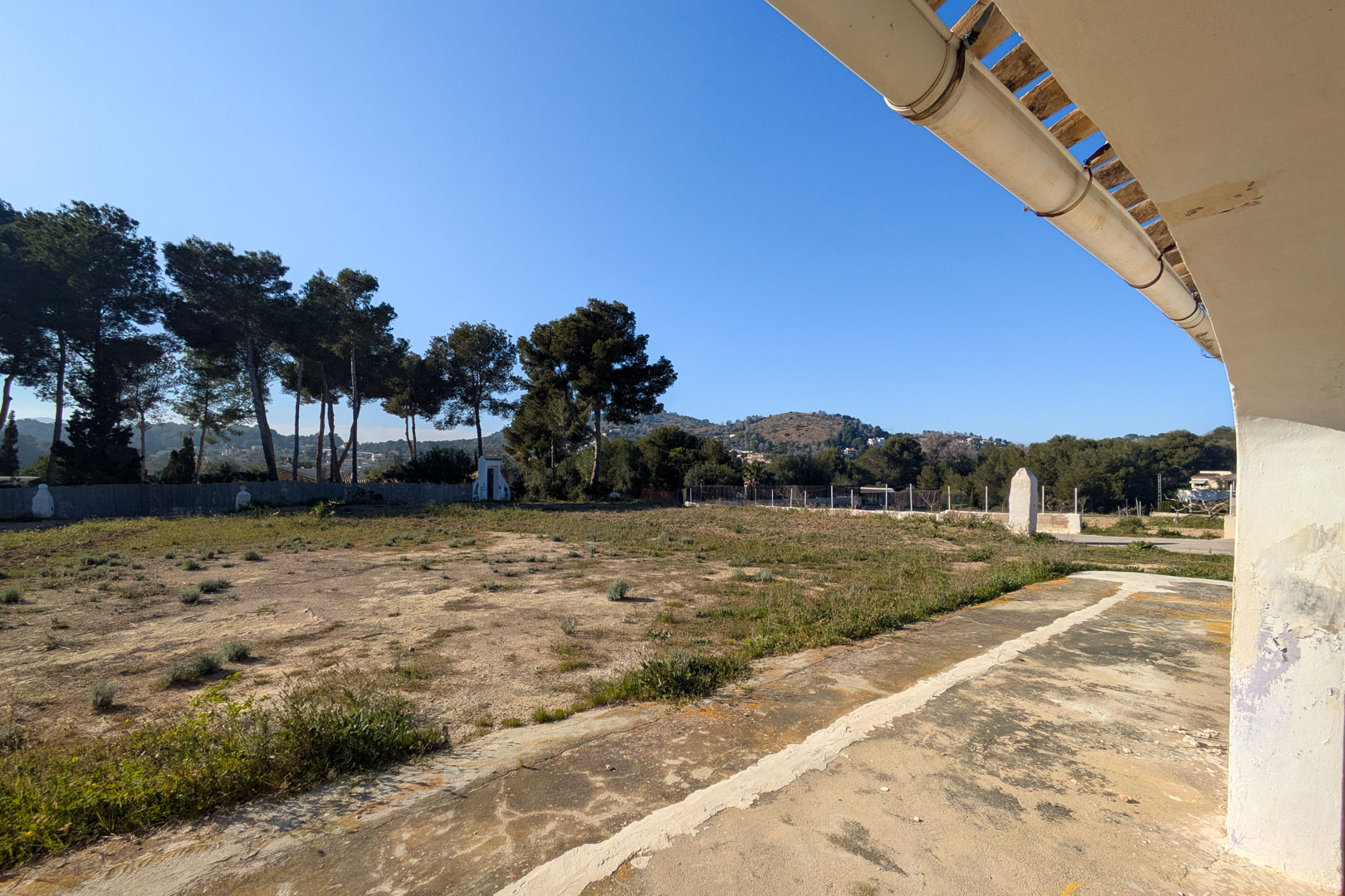 View from the covered porch overlooking the expansive flat plot, bordered by mature pine trees and offering clear views of the distant hills.