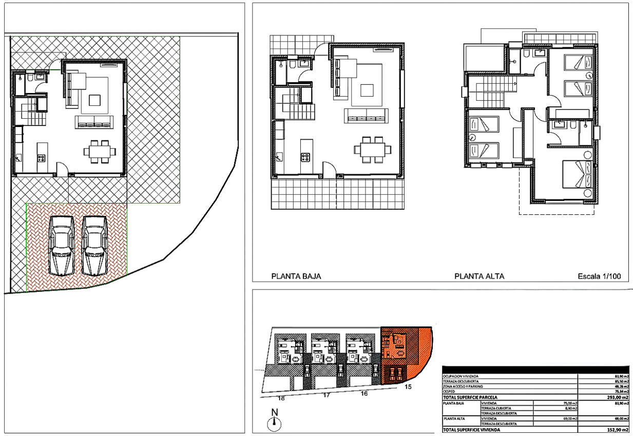 Detailed architectural floor plans showing the two-story layout, double parking area, and a total built surface of 152.90 sqm on a 293 sqm plot.