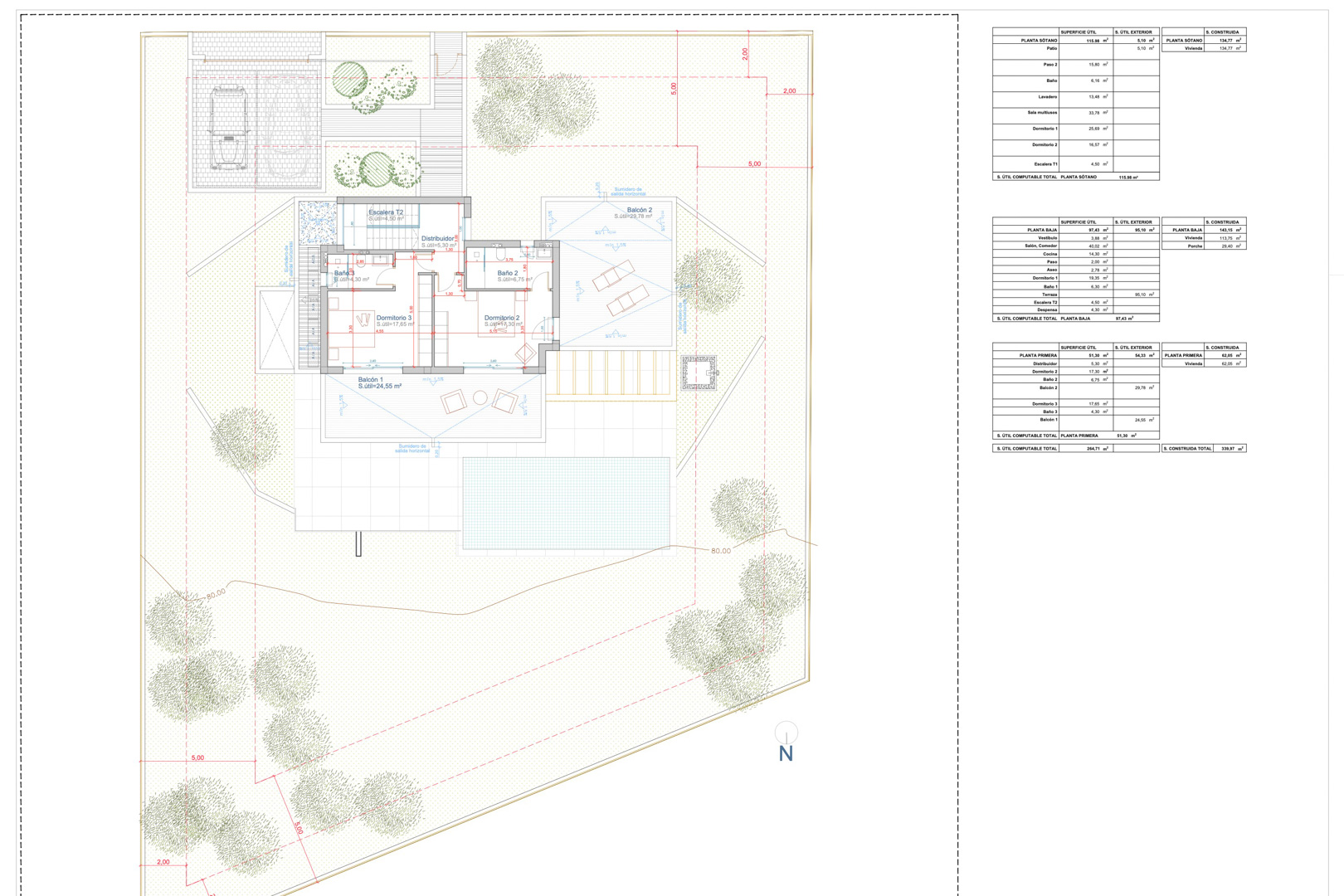 Detailed site and floor plan illustrating the villa's layout on the plot, featuring the pool area, terraces, and comprehensive surface area tables for all levels.