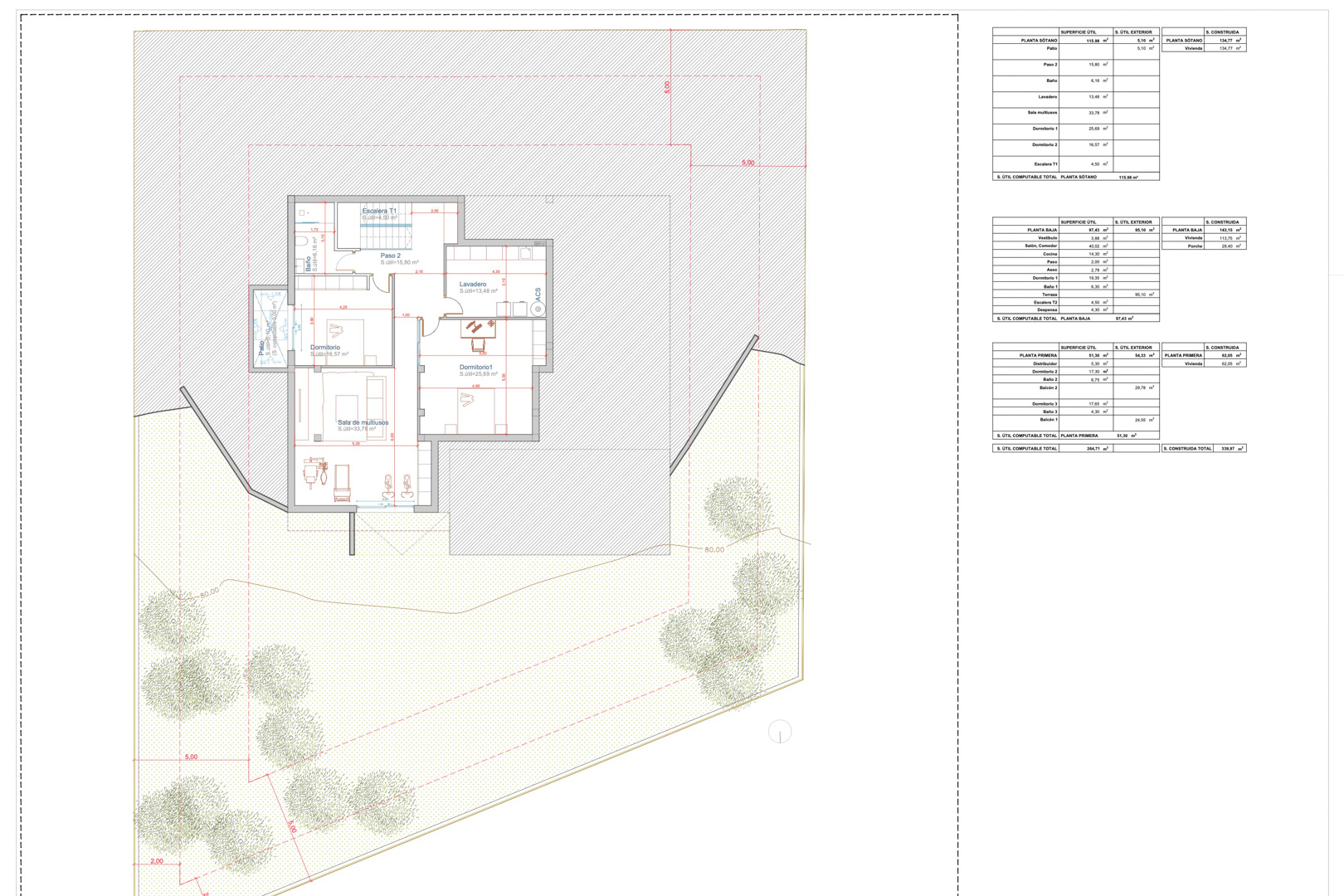 Detailed technical floor plan of the basement level and plot, illustrating the layout of the multipurpose room, additional bedrooms, and utility areas.