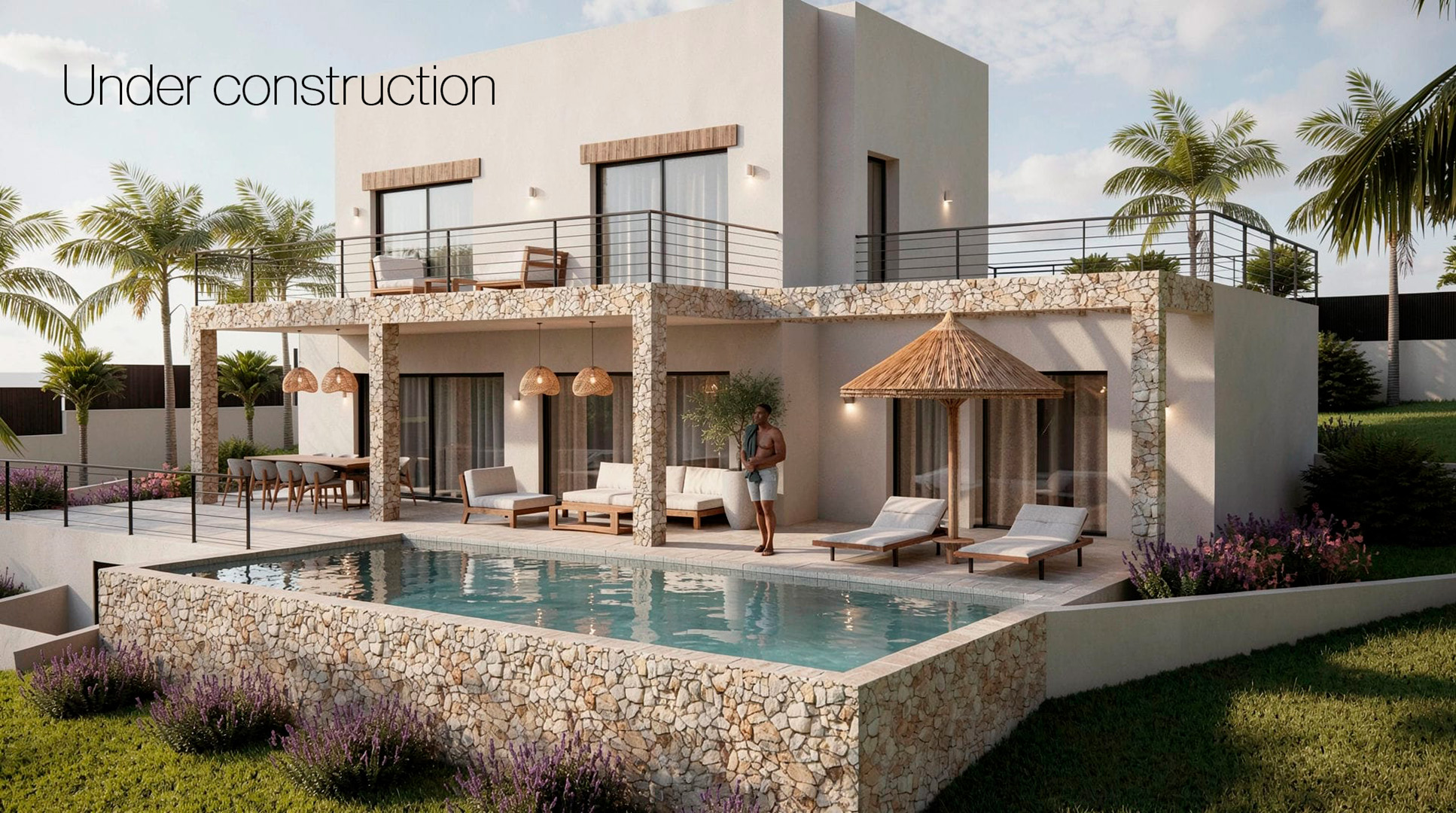 Exterior view of the modern villa featuring a private pool with natural stone cladding, spacious covered terraces, and contemporary white architecture.