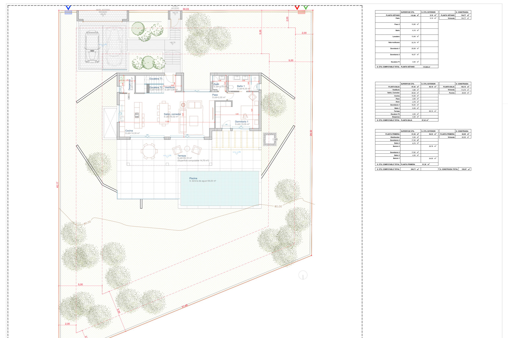 Technical site and ground floor plan showing the layout of the living area, kitchen, 95 sqm terrace, pool, and parking, including detailed surface area tables.