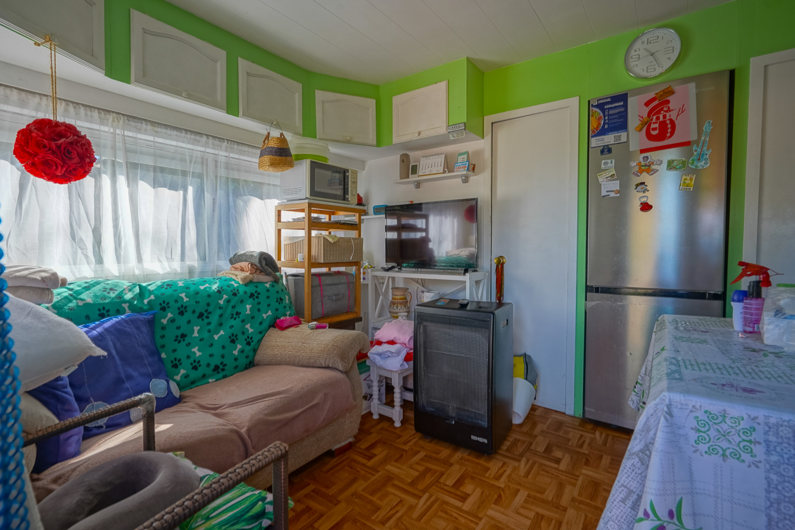 Interior of the prefabricated annex featuring green walls, a compact living area, parquet flooring, and an open kitchen with stainless steel appliances.