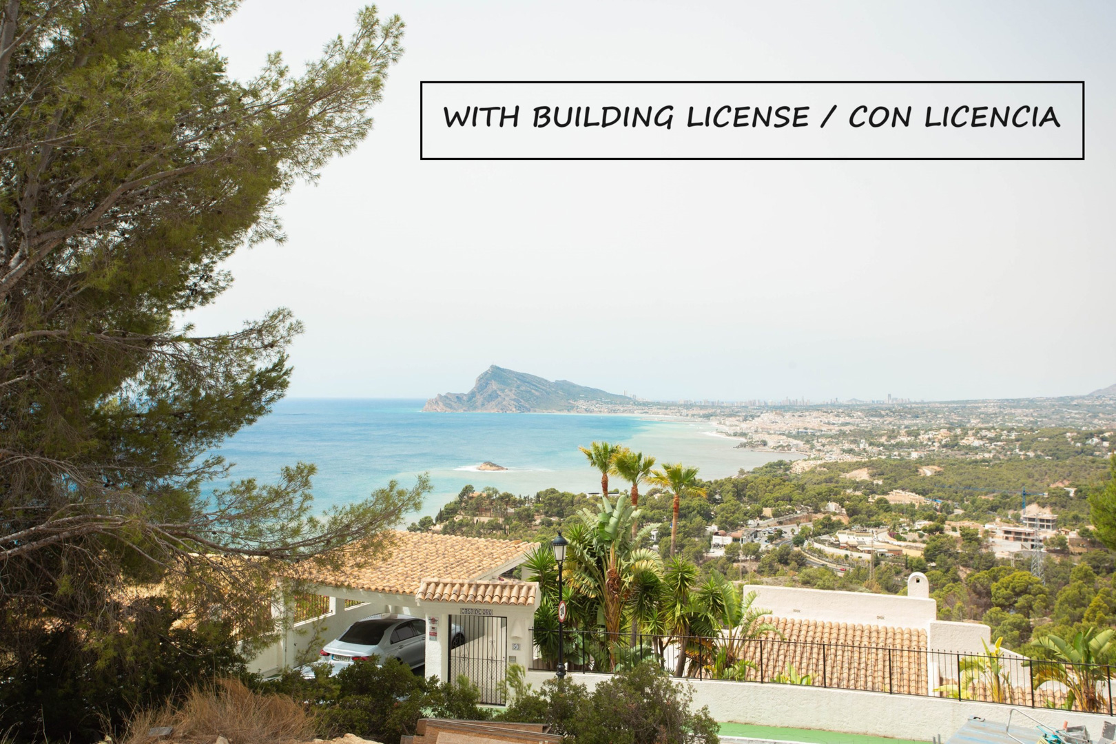 Panoramic view from the plot overlooking Altea Bay and the Benidorm skyline, framed by Mediterranean pines and local coastal vegetation.