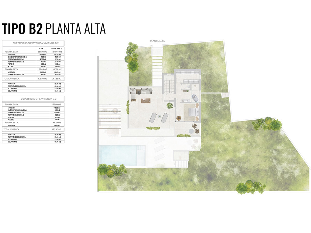 Architectural floor plan of the Type B2 upper level, detailing the layout of the bedroom, bathroom, stairs, and extensive terraces with pool and garden access.
