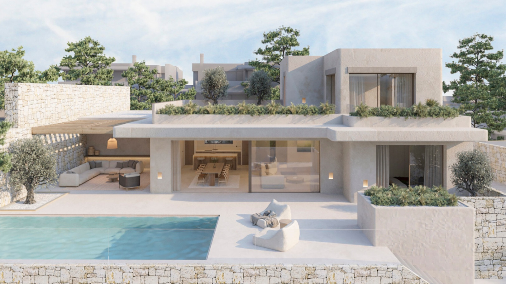 Contemporary villa exterior featuring a sleek pool, a spacious terrace, and a shaded outdoor lounge area with stone walls, seamlessly connected to the bright interior.