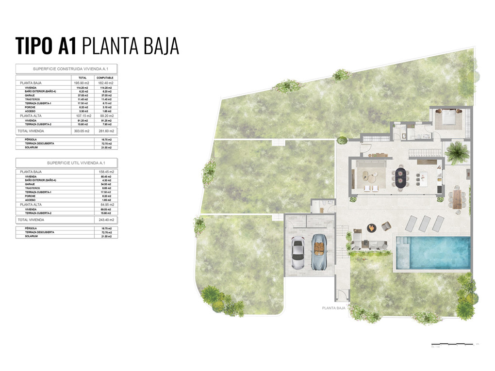 Detailed ground floor plan of Villa A1, illustrating an open-concept living, dining, and kitchen area, a bedroom suite, a two-car garage, and an outdoor terrace with a private pool.
