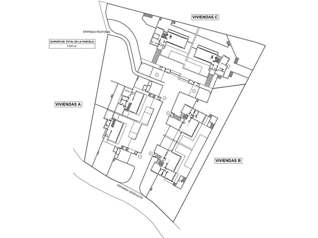 Detailed site plan illustrating a residential development with three plots (A, B, C), indicating pedestrian and vehicle access, and a total area of 6,609 m².