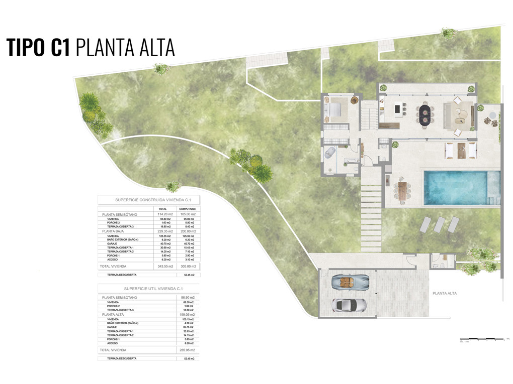 Detailed upper floor plan (Type C1) illustrating the layout with an open living area, two bedrooms, two bathrooms, a private pool terrace, and a two-car garage.