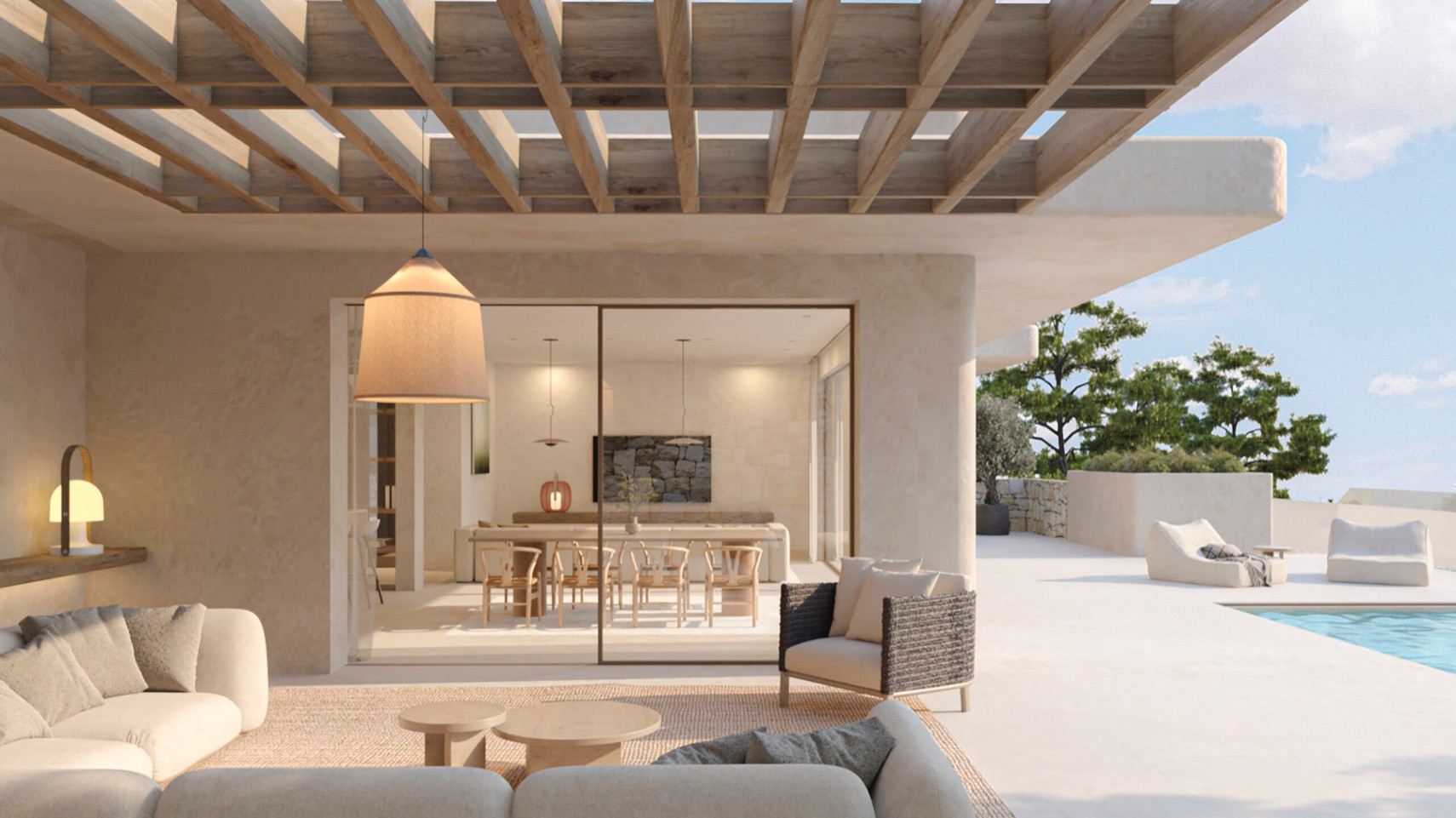 Expansive outdoor terrace with a wooden pergola and lounge area, seamlessly connecting to the indoor dining room via large glass sliding doors. A private pool is visible beyond.