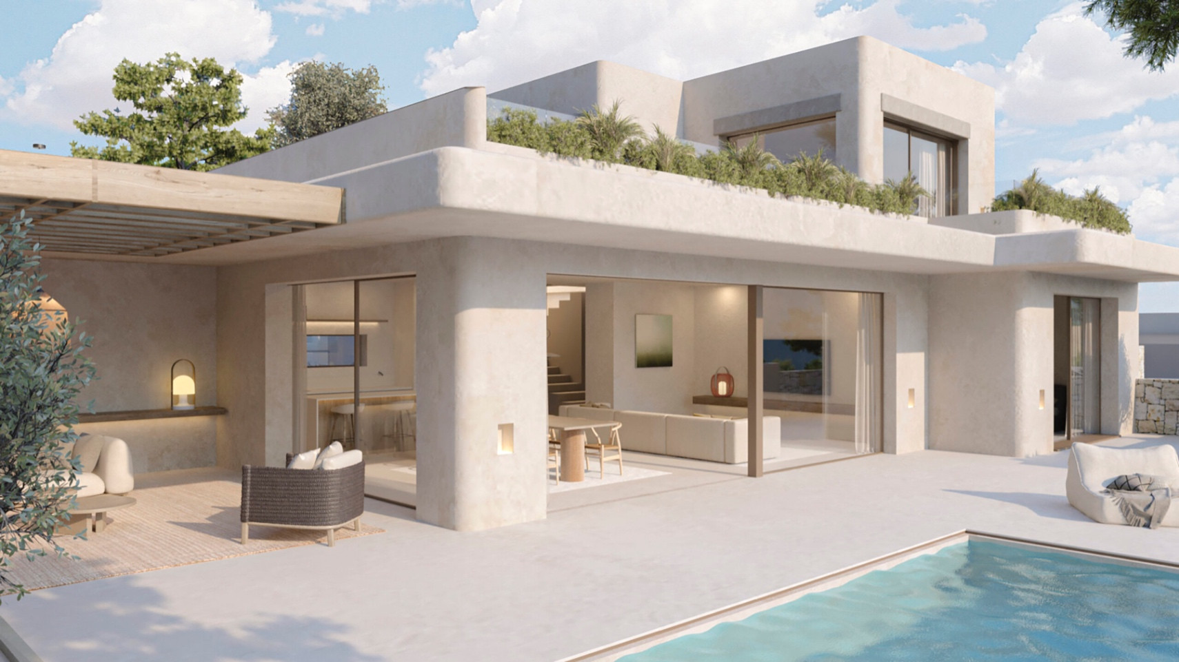 Exterior view of a contemporary villa featuring a private pool. Highlights include the terrace with a wooden pergola, outdoor lounge, and large windows connecting to the open-plan interior.