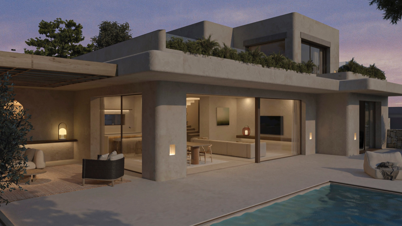 Exterior view of a modern villa at dusk, featuring a swimming pool and a lounge area under a wooden pergola. Bright interiors reveal an open-plan kitchen and living-dining space.