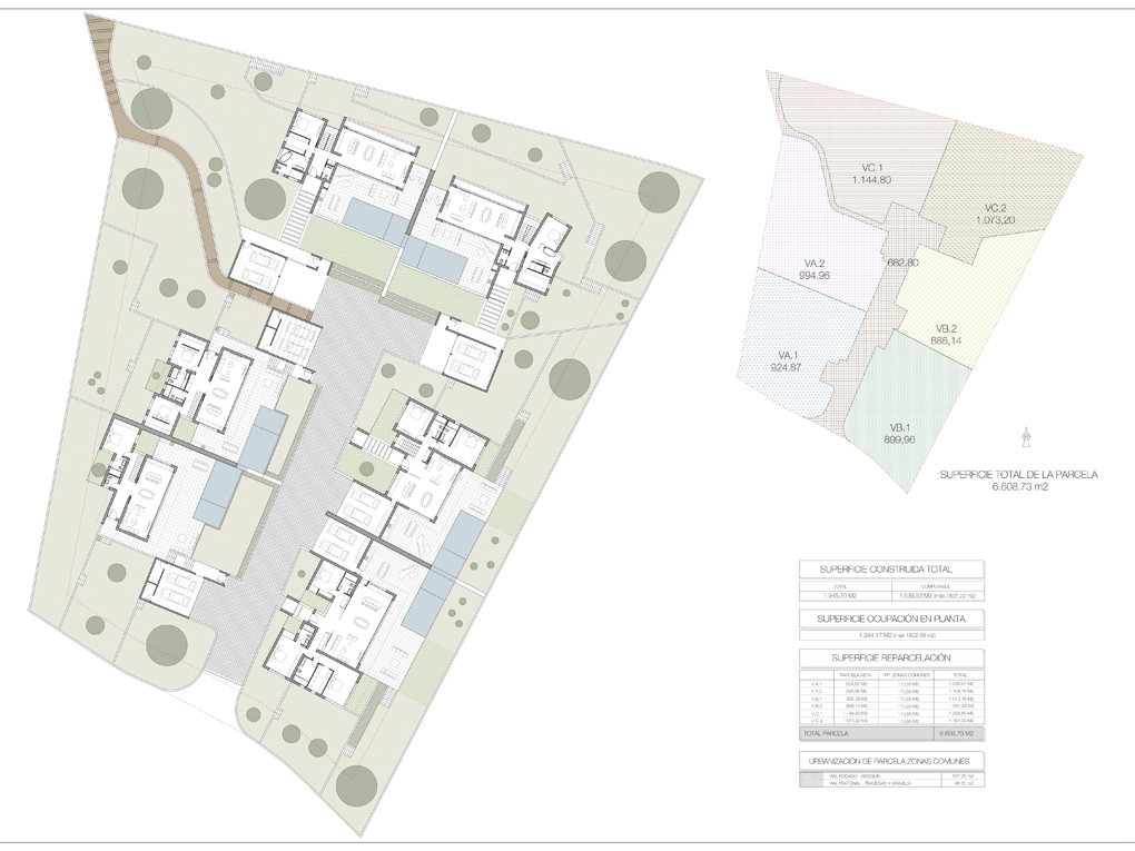 Master plan detailing the layout of multiple villas, individual plots, common areas, and their respective floor plans.