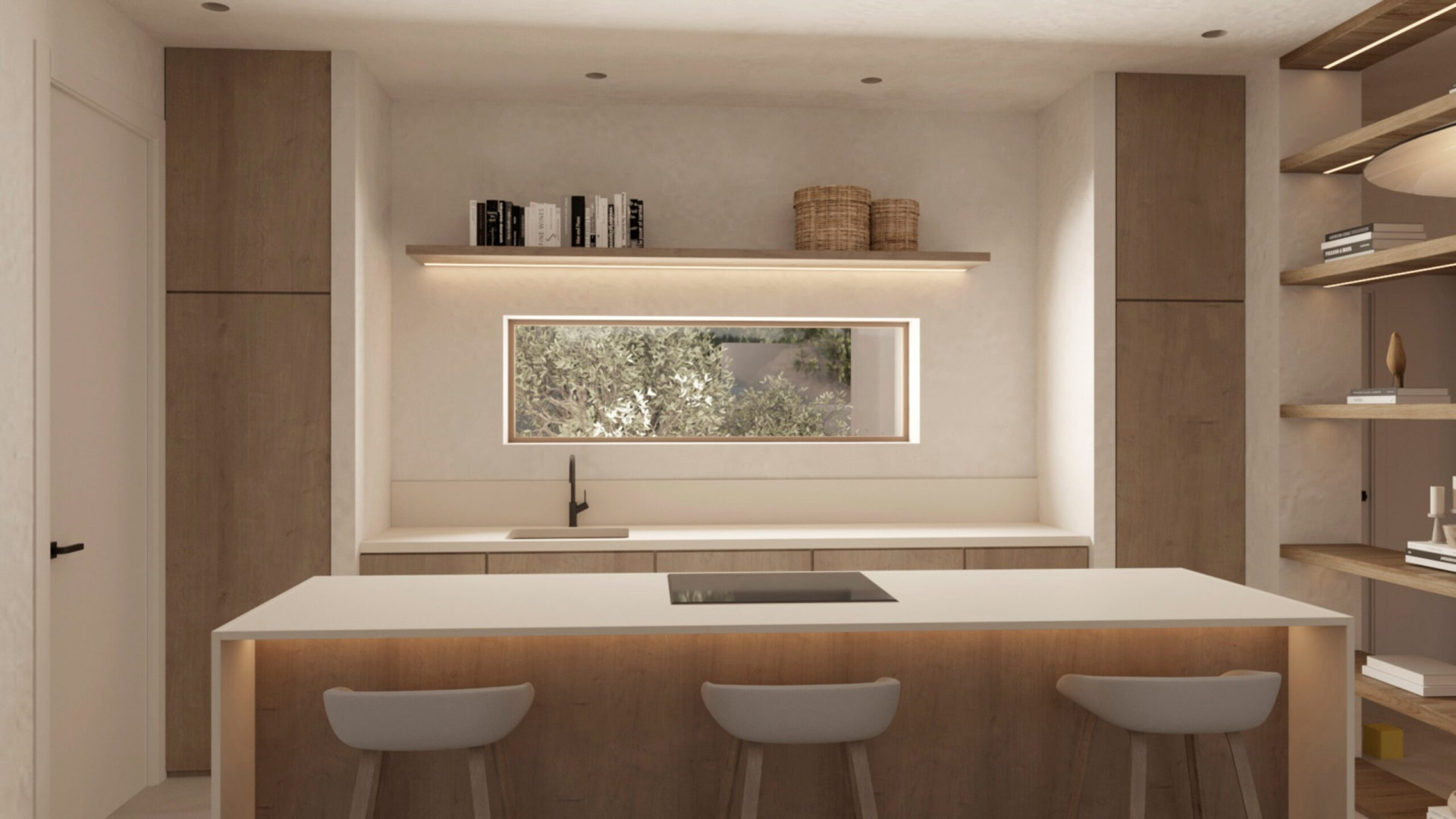 Modern kitchen island with integrated hob, white countertop, and three bar stools. Features wooden cabinetry, a rectangular window with garden views, and backlit shelving.