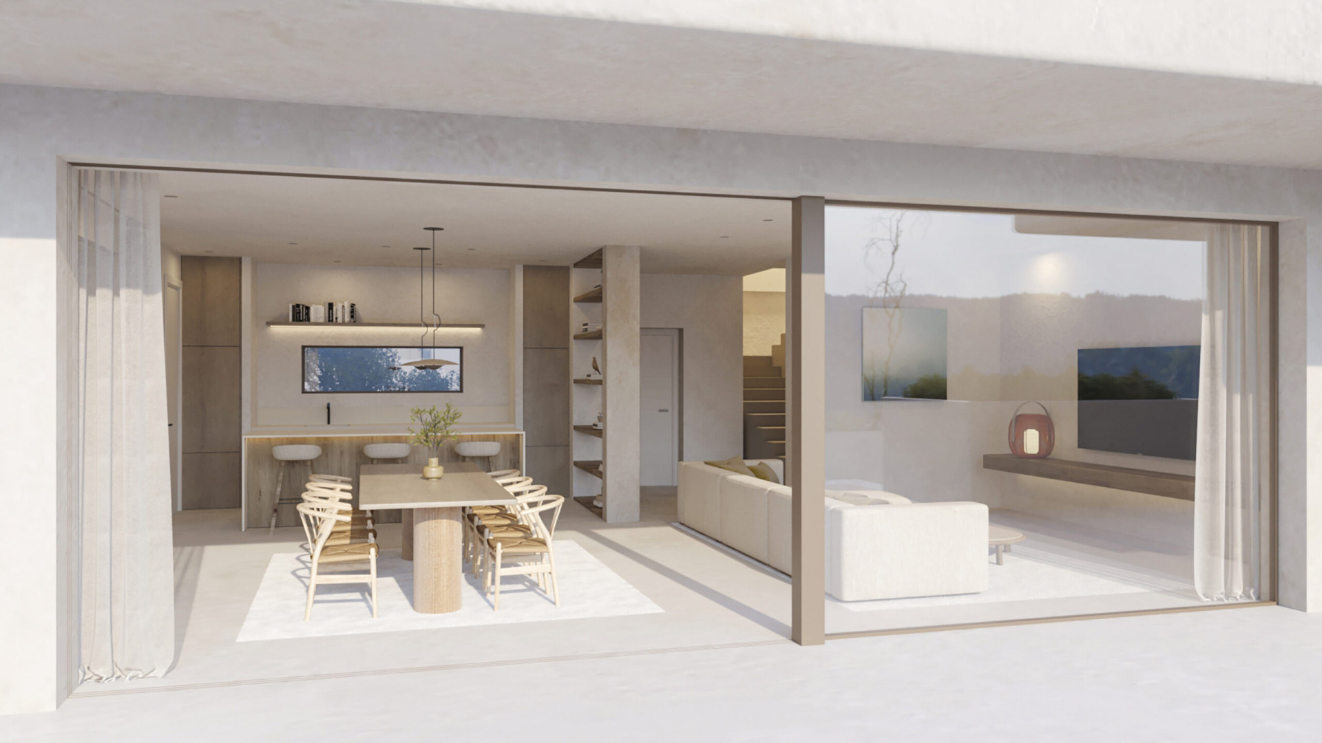 Spacious open-plan living and dining area with a wooden table and breakfast bar, seamlessly connecting to the terrace via large sliding glass doors.