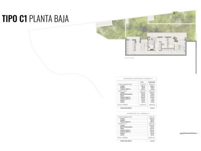 Detailed floor plan of the ground floor (Type C1), illustrating the layout of rooms, stairs, and adjacent green spaces. Includes tables with constructed and usable surface areas.