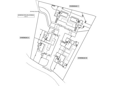 Detailed site plan illustrating a residential development with three plots (A, B, C), indicating pedestrian and vehicle access, and a total area of 6,609 m².
