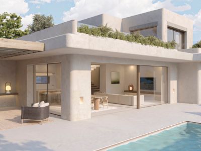 Exterior view of a contemporary villa featuring a private pool. Highlights include the terrace with a wooden pergola, outdoor lounge, and large windows connecting to the open-plan interior.