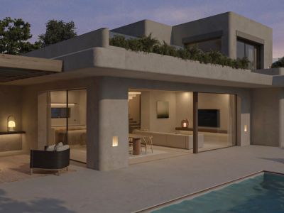 Exterior view of a modern villa at dusk, featuring a swimming pool and a lounge area under a wooden pergola. Bright interiors reveal an open-plan kitchen and living-dining space.