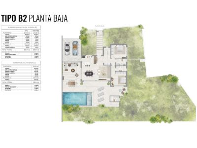 Ground floor plan (Type B2) of the villa, featuring an open-concept living, dining, and kitchen area. Includes a private pool, terrace, garden, and two-car garage.