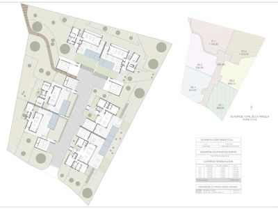 Master plan detailing the layout of multiple villas, individual plots, common areas, and their respective floor plans.
