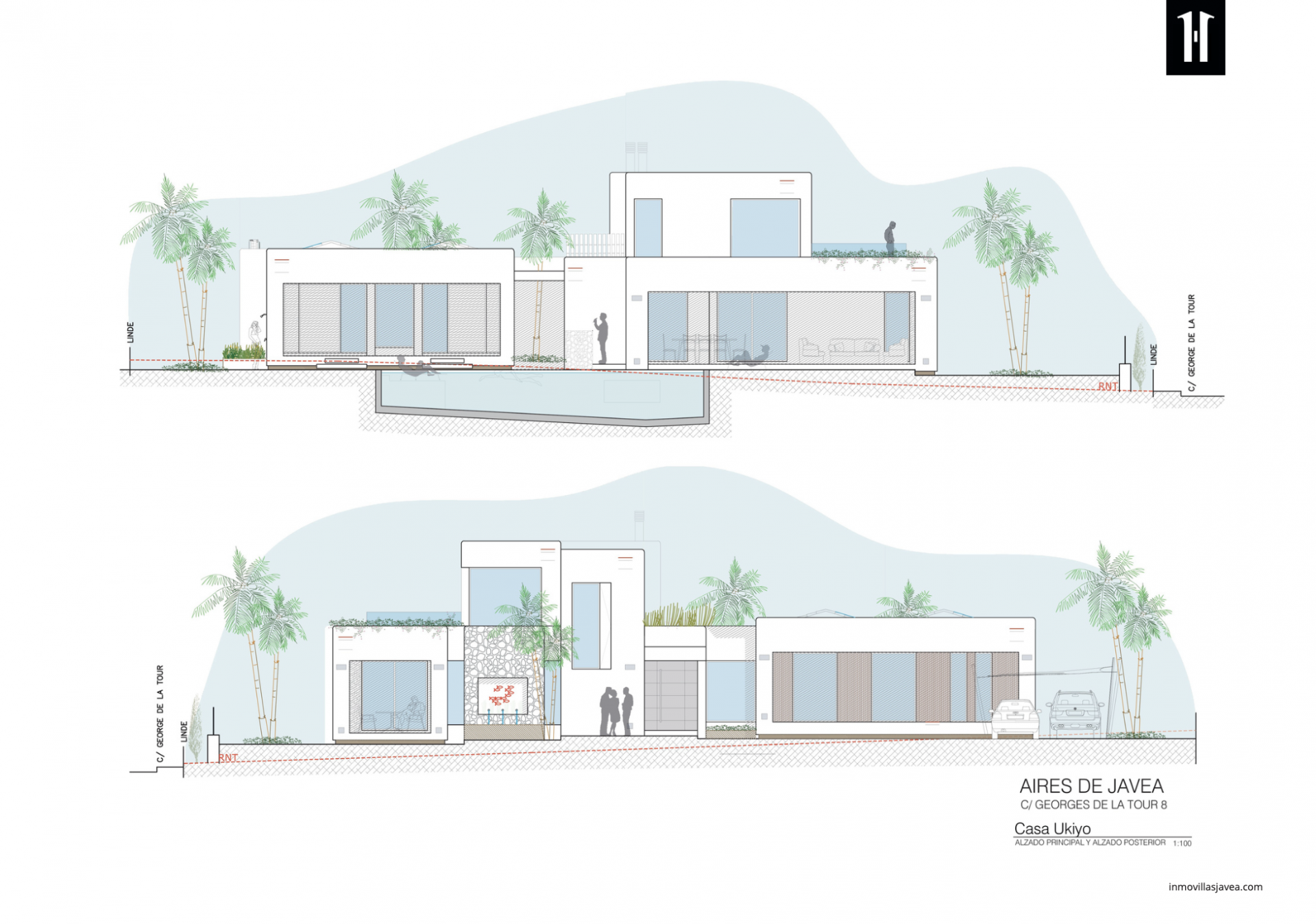Architectural plan showcasing the modern villa's sleek design, featuring large glazed openings, integrated private pool, and minimalist facades with natural stone accents.