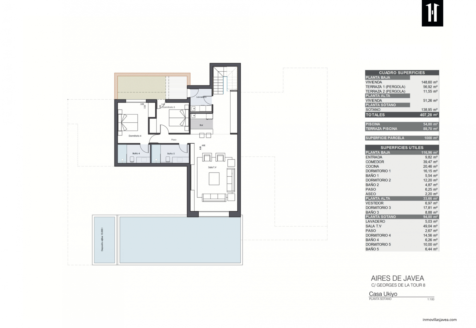 Detailed basement floor plan featuring two bedrooms, each with an adjacent bathroom, a large TV lounge, and a practical laundry room.