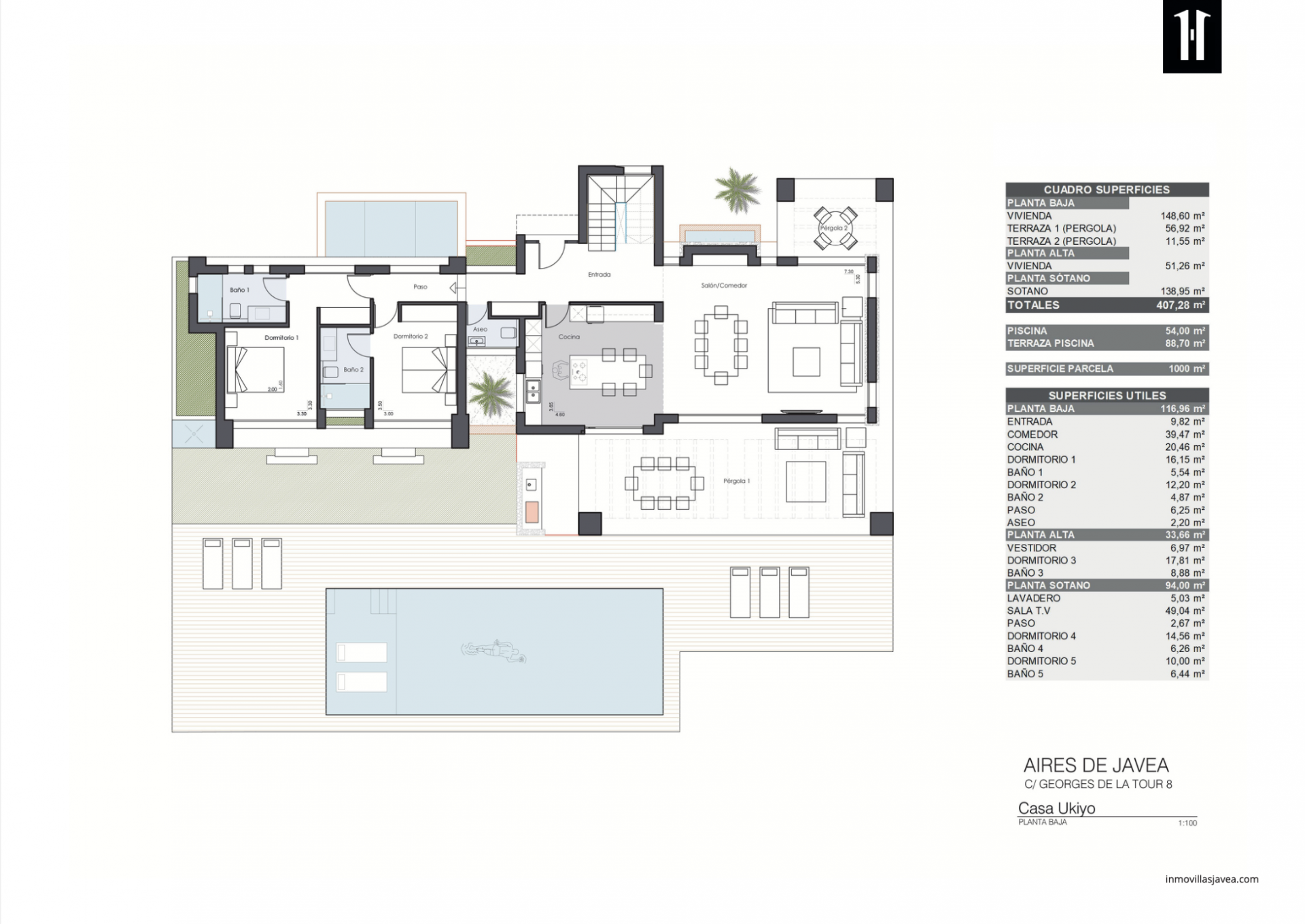 Detailed floor plan of the villa's ground floor, showing living areas, open kitchen, two bedrooms, two bathrooms, and outdoor spaces with a private pool and terraces.