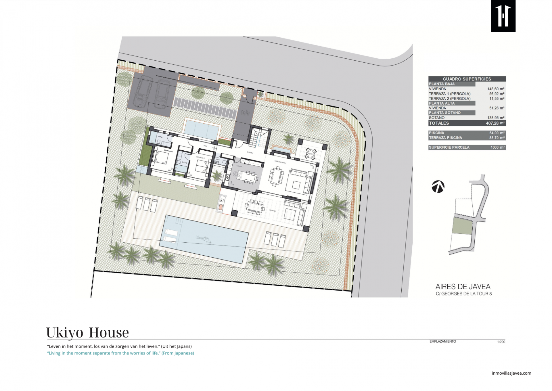 Detailed ground floor plan of the villa, showing interior space distribution, private pool, terraces, garden areas, and private parking on a 1000 m² plot.