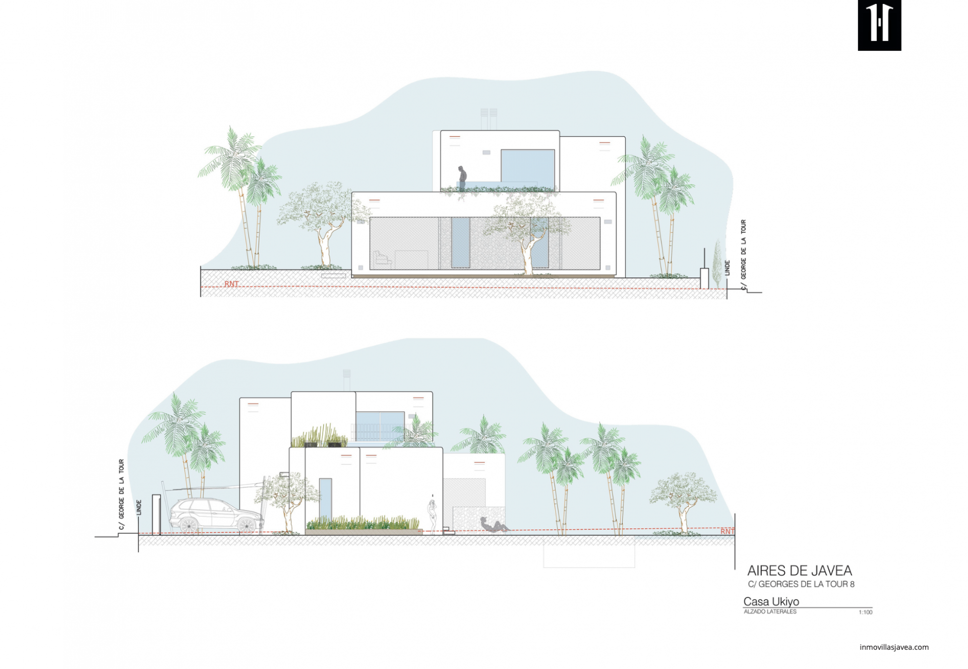 Lateral elevations of a modern villa, showcasing clean architectural lines, large windows, and integrated Mediterranean landscaping.