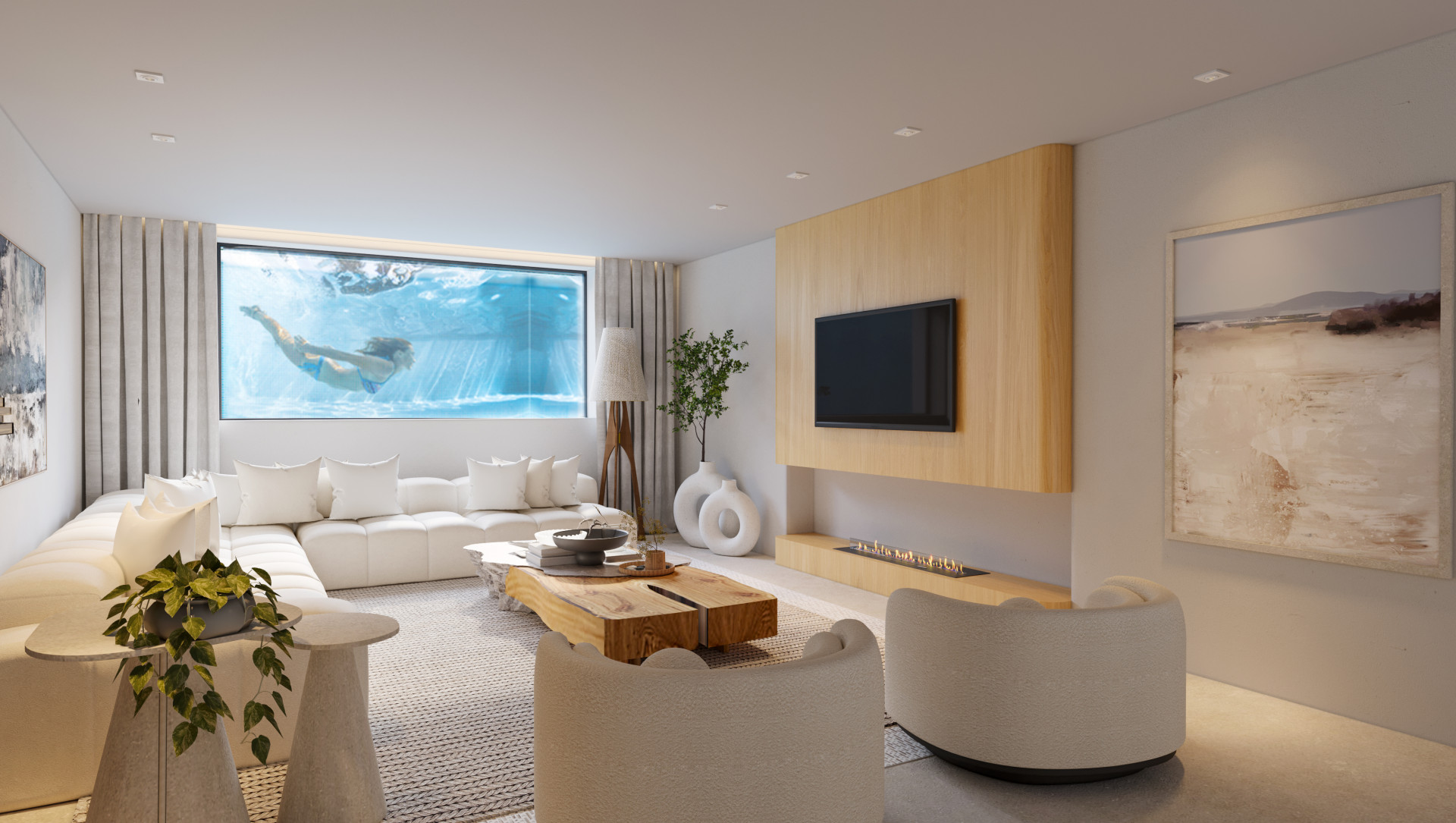 Modern living room featuring a large sectional sofa, a unique underwater window revealing a swimming pool, and a wooden panel with integrated TV and linear fireplace.