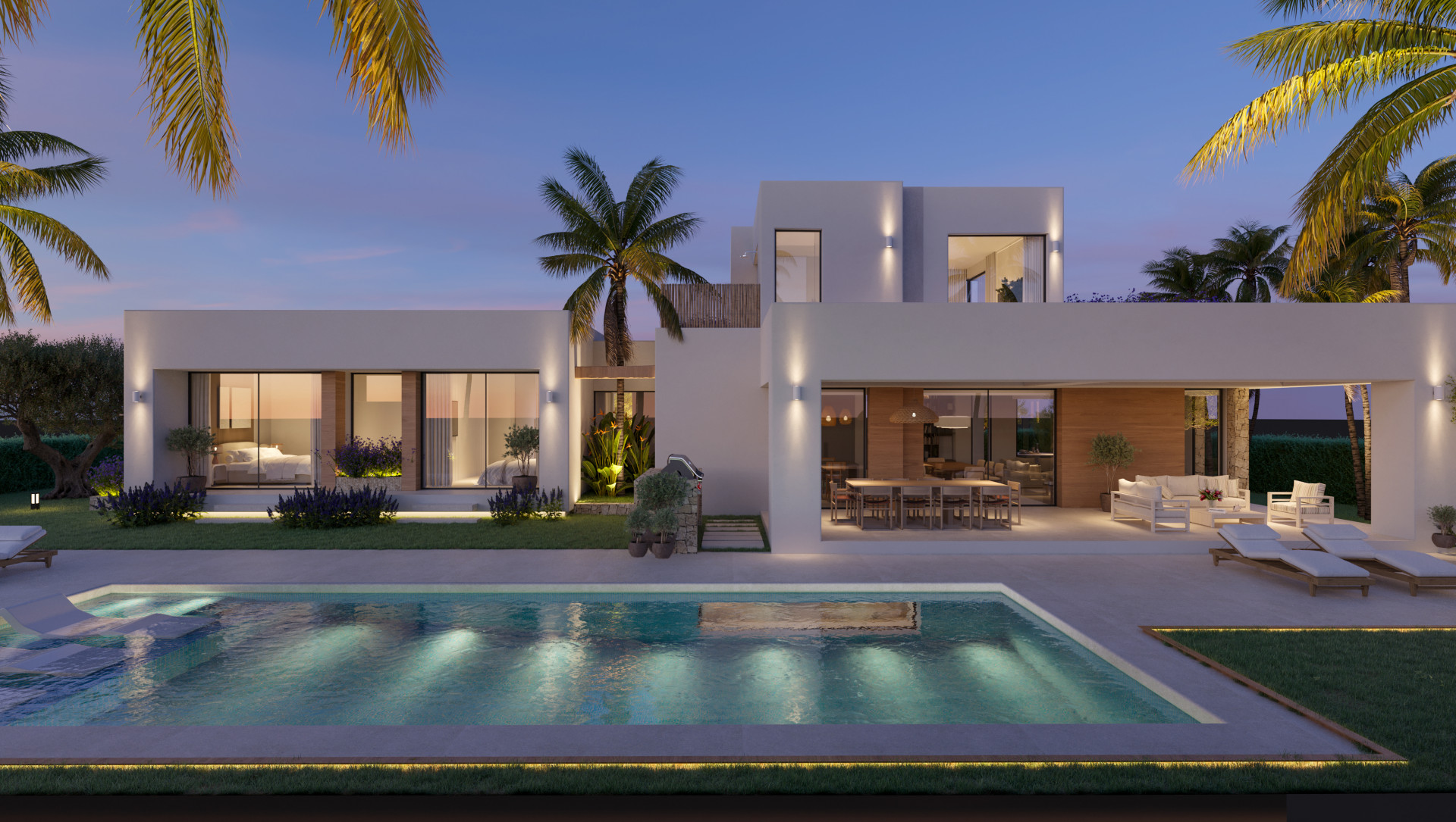 Modern villa exterior at dusk with an illuminated private pool, manicured lawn, and inviting outdoor dining and lounge areas under architectural lighting.
