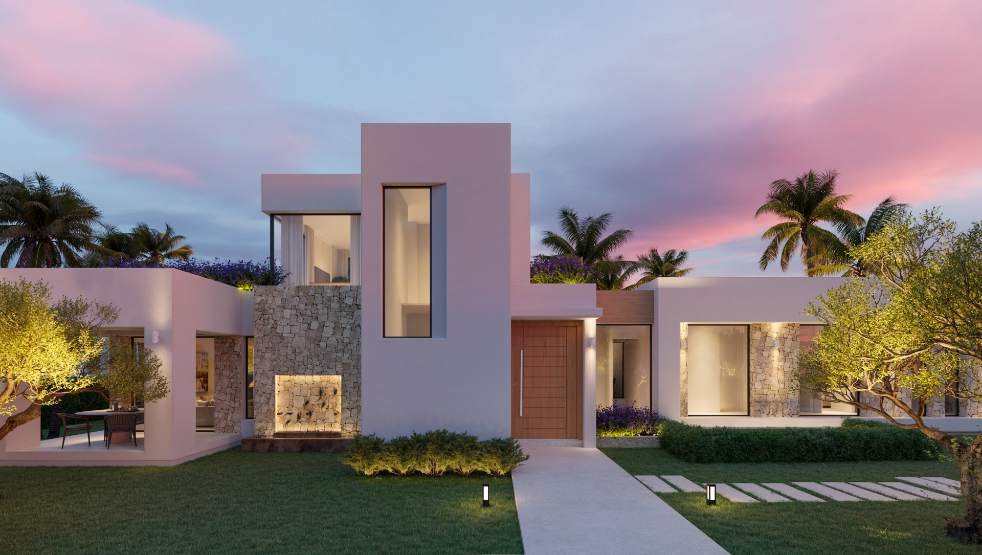Modern villa facade at twilight featuring striking white walls, natural stone cladding, a wooden entrance door, and illuminated garden path with water feature.