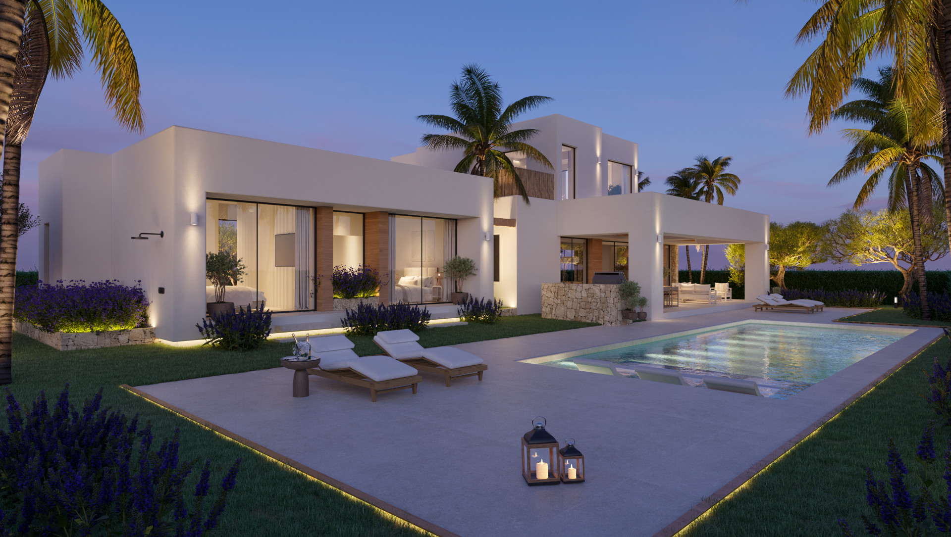 Night view of the modern villa featuring an illuminated private pool, a spacious terrace with sun loungers, and a landscaped garden with palm trees and lavender. A covered dining area with a stone BBQ is visible.