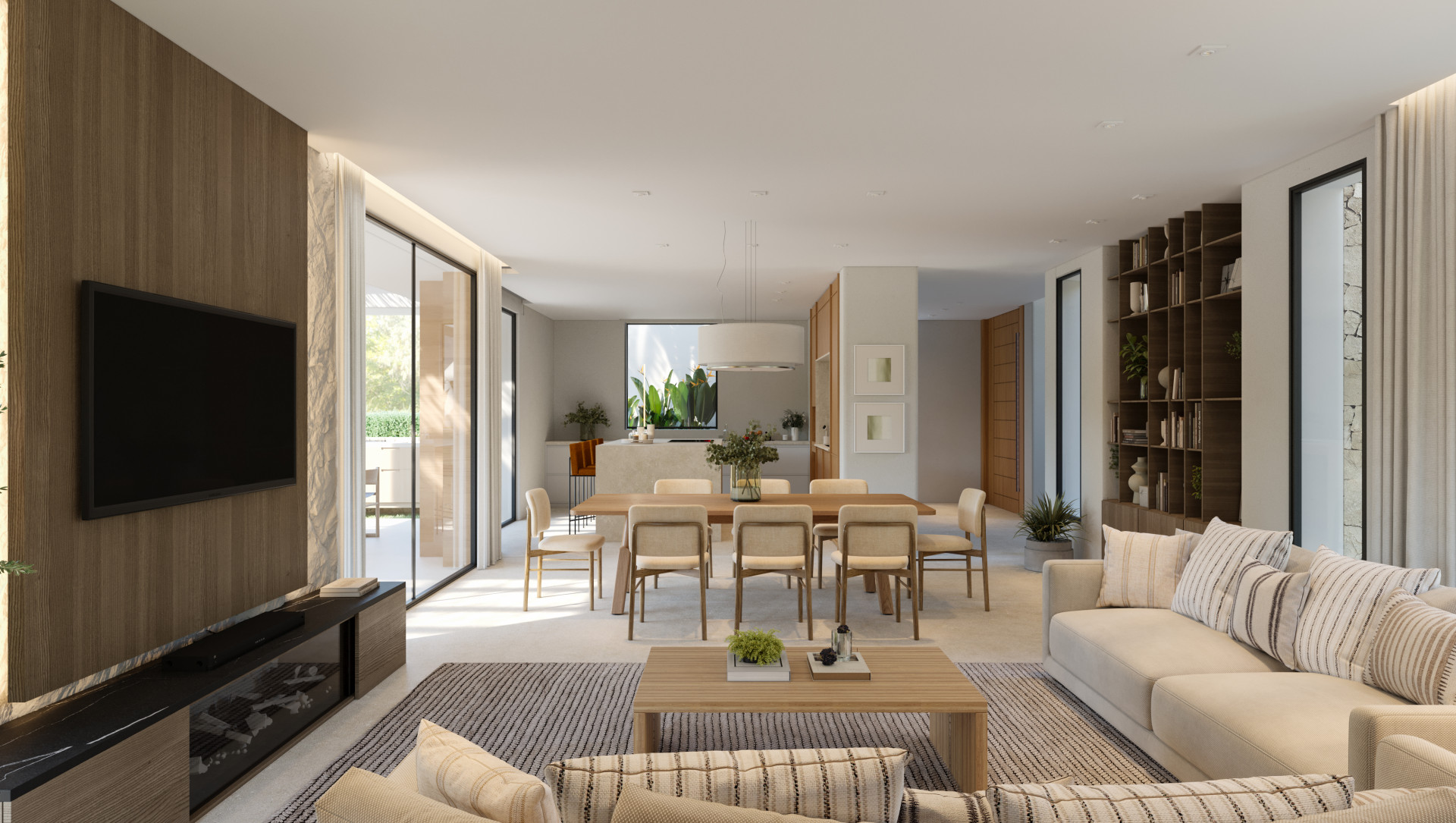 Open-plan living, dining, and kitchen area with a wood-paneled TV wall, light sofas, and a wooden dining table. Built-in shelving and large glass doors enhance the modern design.