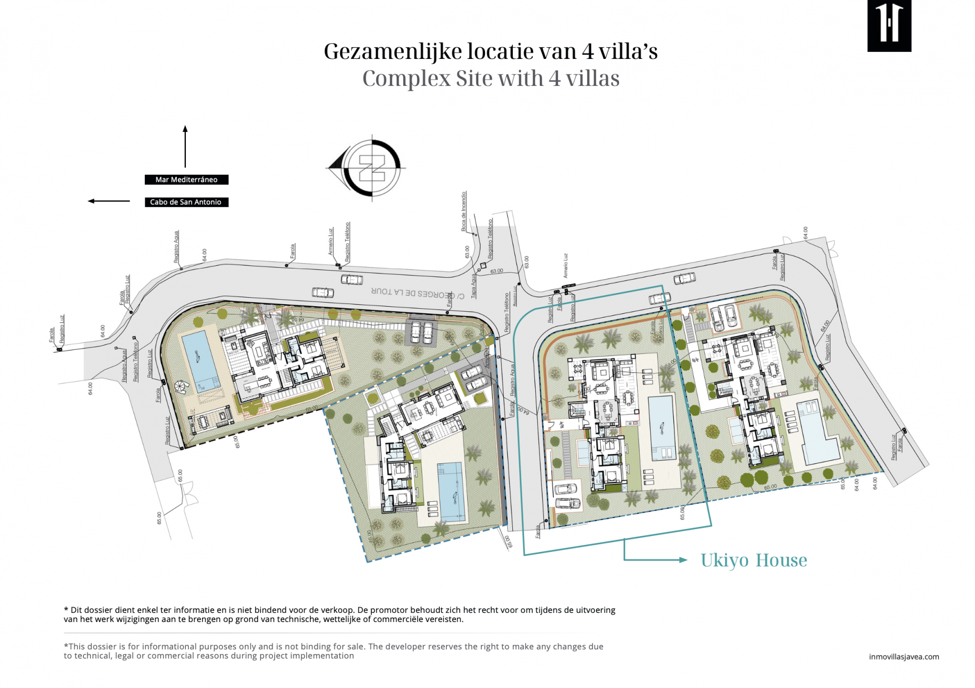 Site plan of a complex of four luxury villas, each featuring a private pool and garden, strategically located near the Mediterranean Sea in Jávea. Details the layout of Ukiyo House.